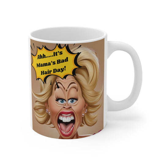 Funny mom mug ‘Ahh It’s Mama’s Bad Hair Day’ with exaggerated cartoon woman screaming and messy blonde hair