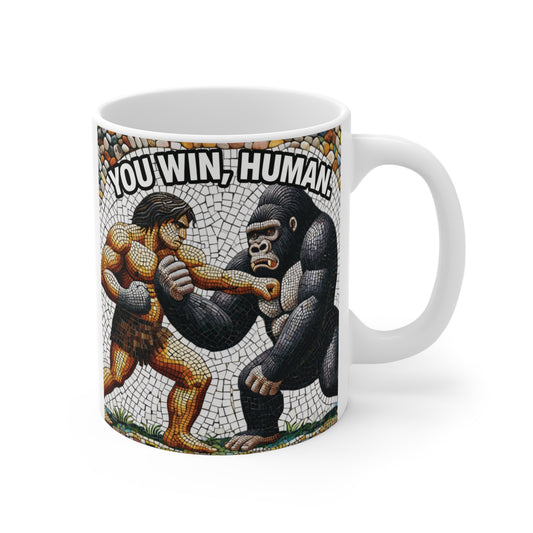 Funny “You Win Human” gorilla mug 11oz with human vs gorilla fight design, meme coffee cup gift for men and gym lovers