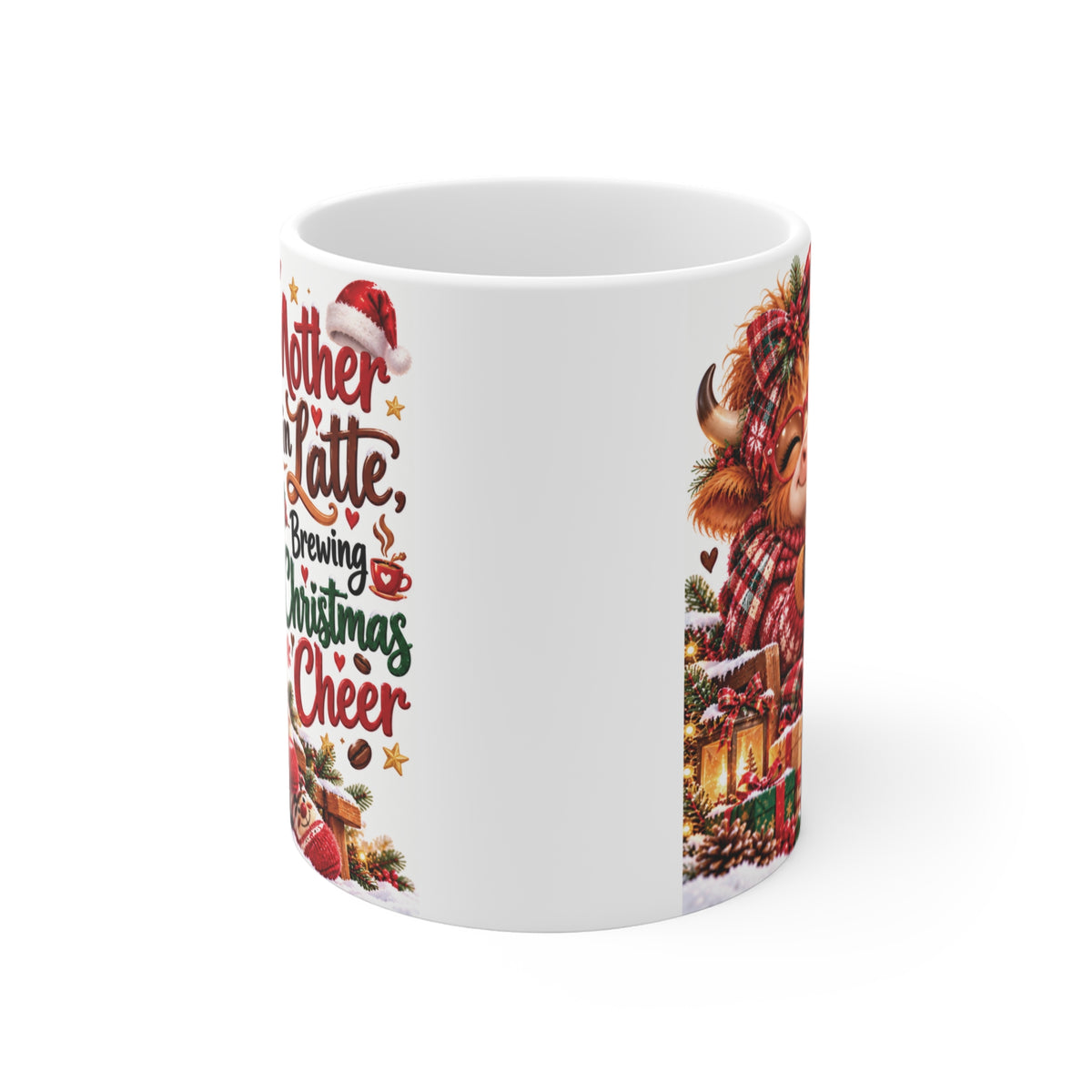 Funny mother-in-law Christmas coffee mug featuring a cute holiday cow and Mother in Latte Brewing Christmas Cheer design.