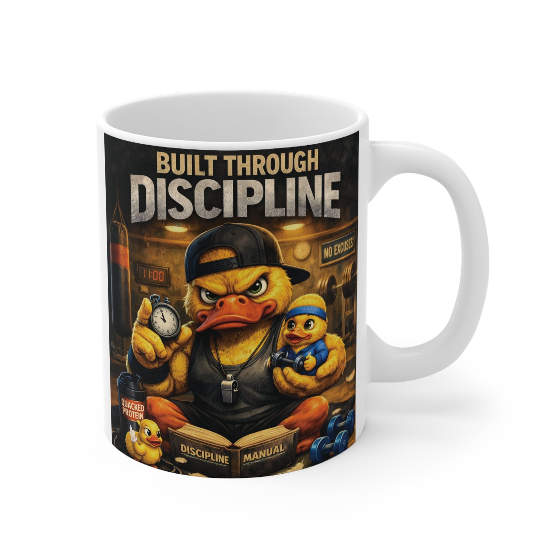 Built Through Discipline 11oz ceramic coffee mug featuring a determined duck illustration with motivational artwork, perfect inspirational gift for coffee lovers, entrepreneurs, athletes, and students.