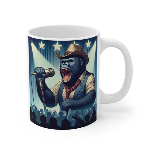 Gorilla cowboy singer on stage coffee mug with vintage microphone, roaring performance art design and cheering concert crowd illustration.