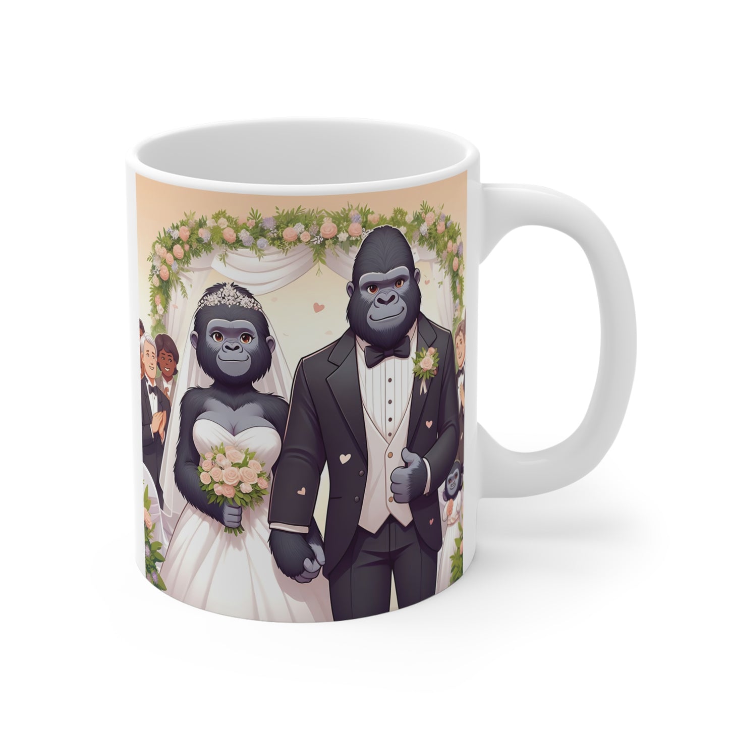 Adorable cartoon gorilla bride and groom holding hands at a wedding ceremony, printed on a white ceramic coffee mug.