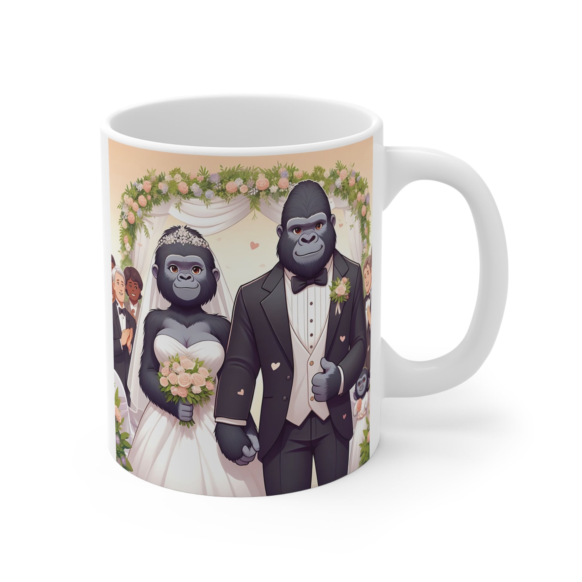 Adorable cartoon gorilla bride and groom holding hands at a wedding ceremony, printed on a white ceramic coffee mug.