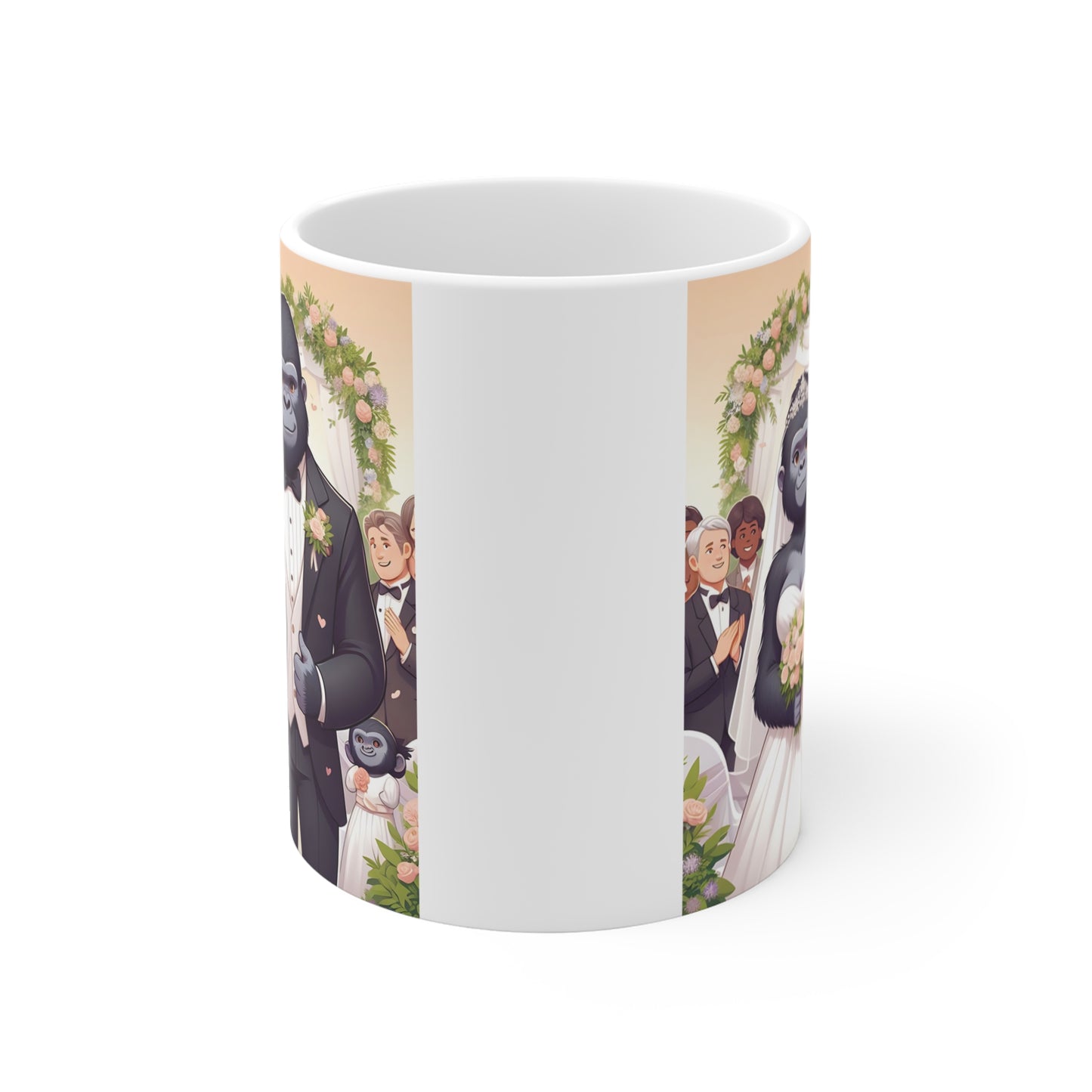 Cute gorilla couple dressed in wedding attire beneath a floral arch, featured on a novelty ceramic mug for weddings and anniversaries.