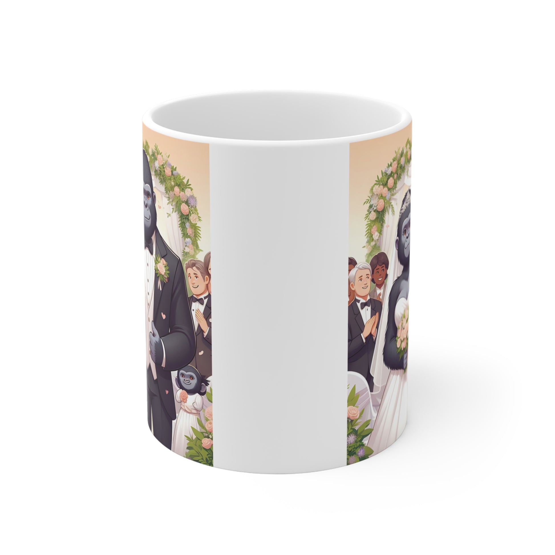 Cute gorilla couple dressed in wedding attire beneath a floral arch, featured on a novelty ceramic mug for weddings and anniversaries.