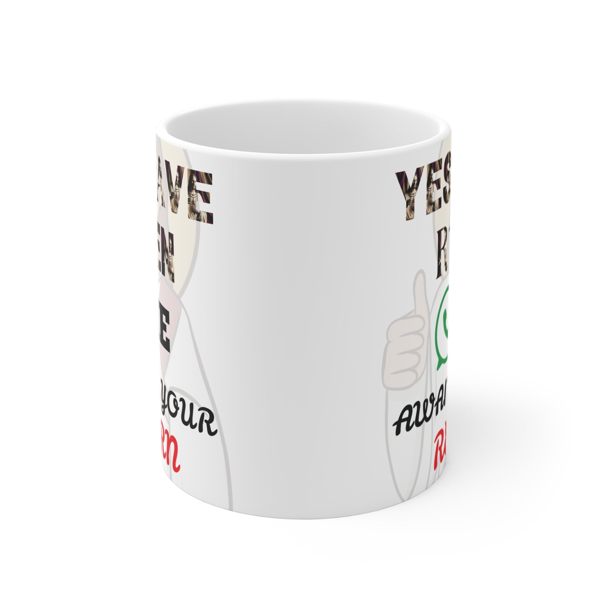 Funny Jesus resurrection mug featuring ‘Yes I have risen, waiting your return’ quote with messaging app symbol