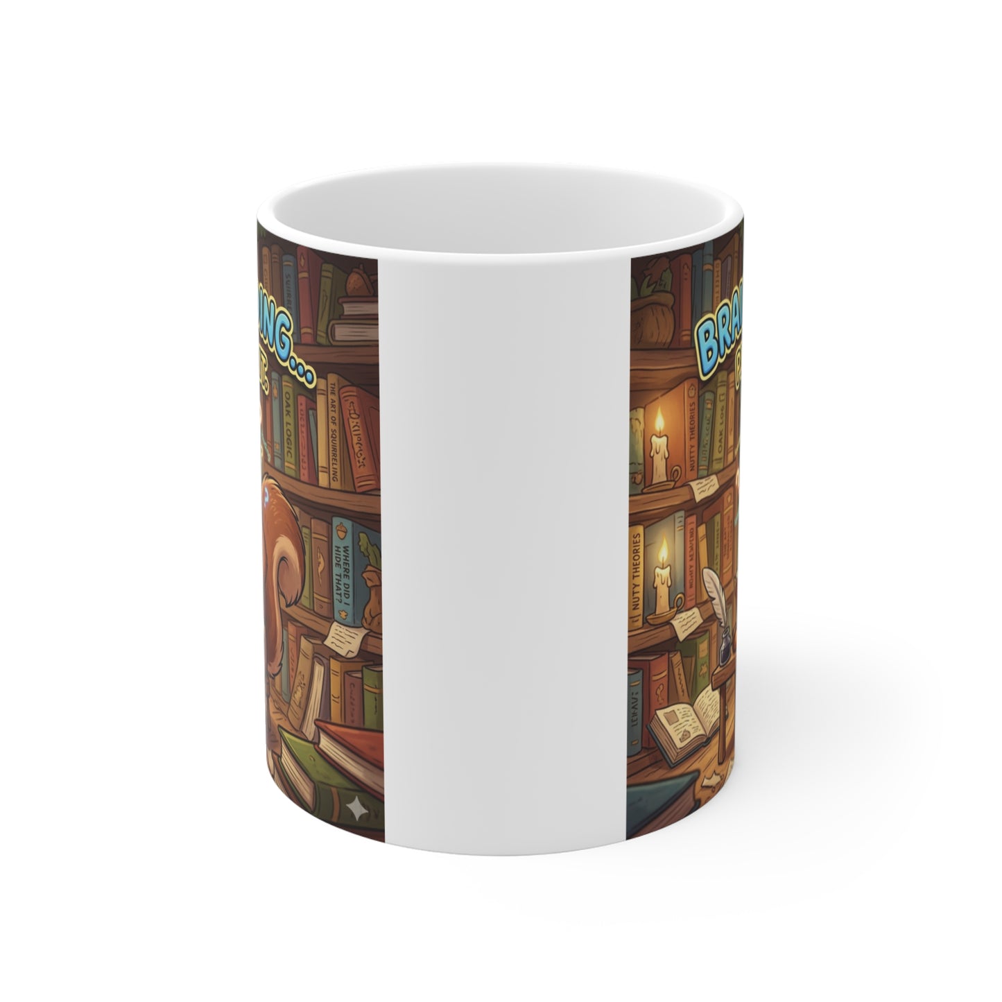 Funny study mug with squirrel reading books and text Brain Loading Please Wait ceramic cup