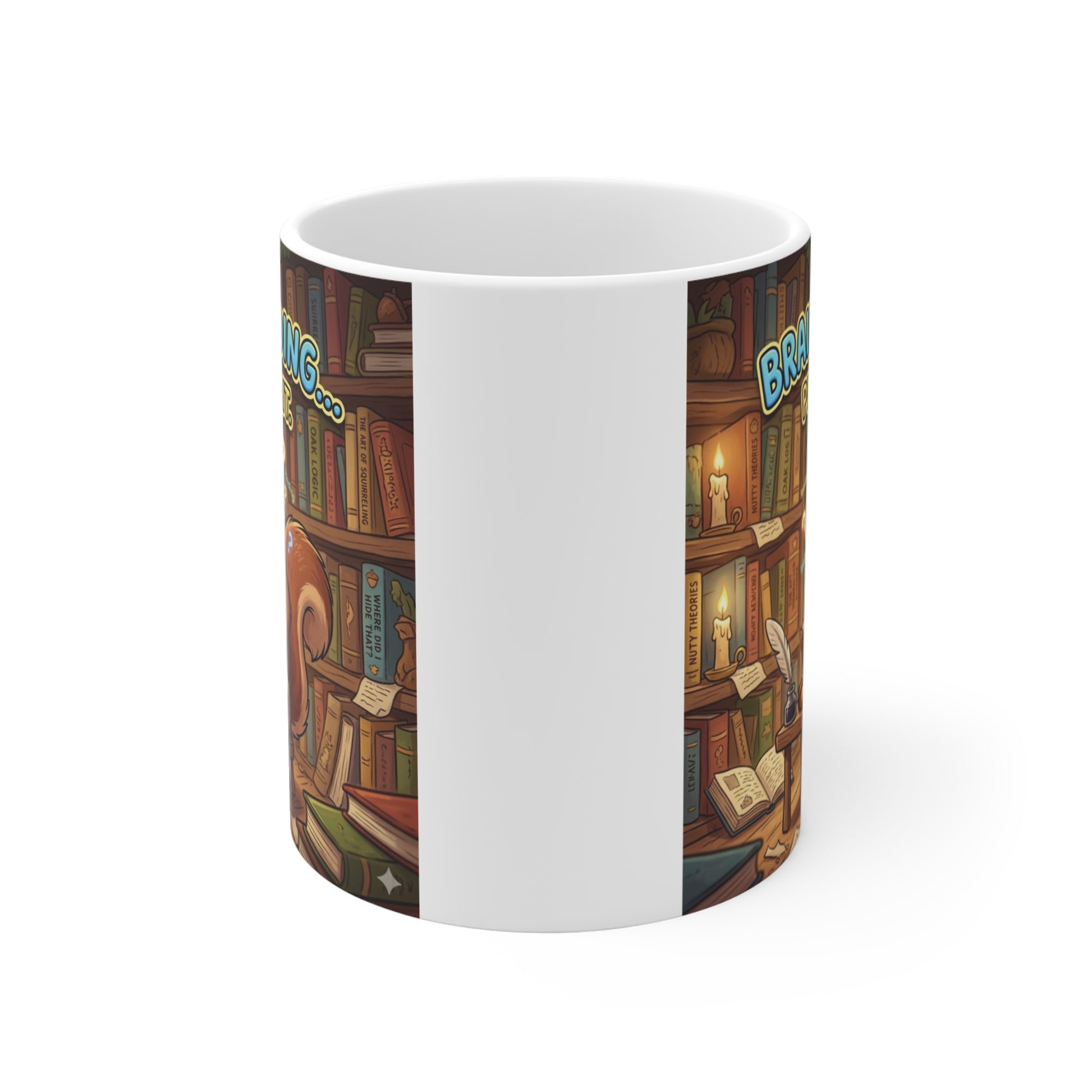 Funny study mug with squirrel reading books and text Brain Loading Please Wait ceramic cup