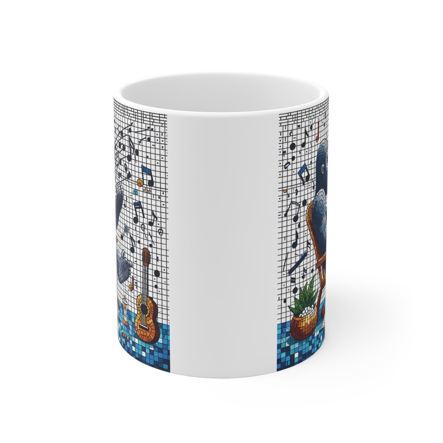 White ceramic mug with artistic gorilla mosaic illustration, showcasing a seated gorilla and floating music notes in a unique abstract style.