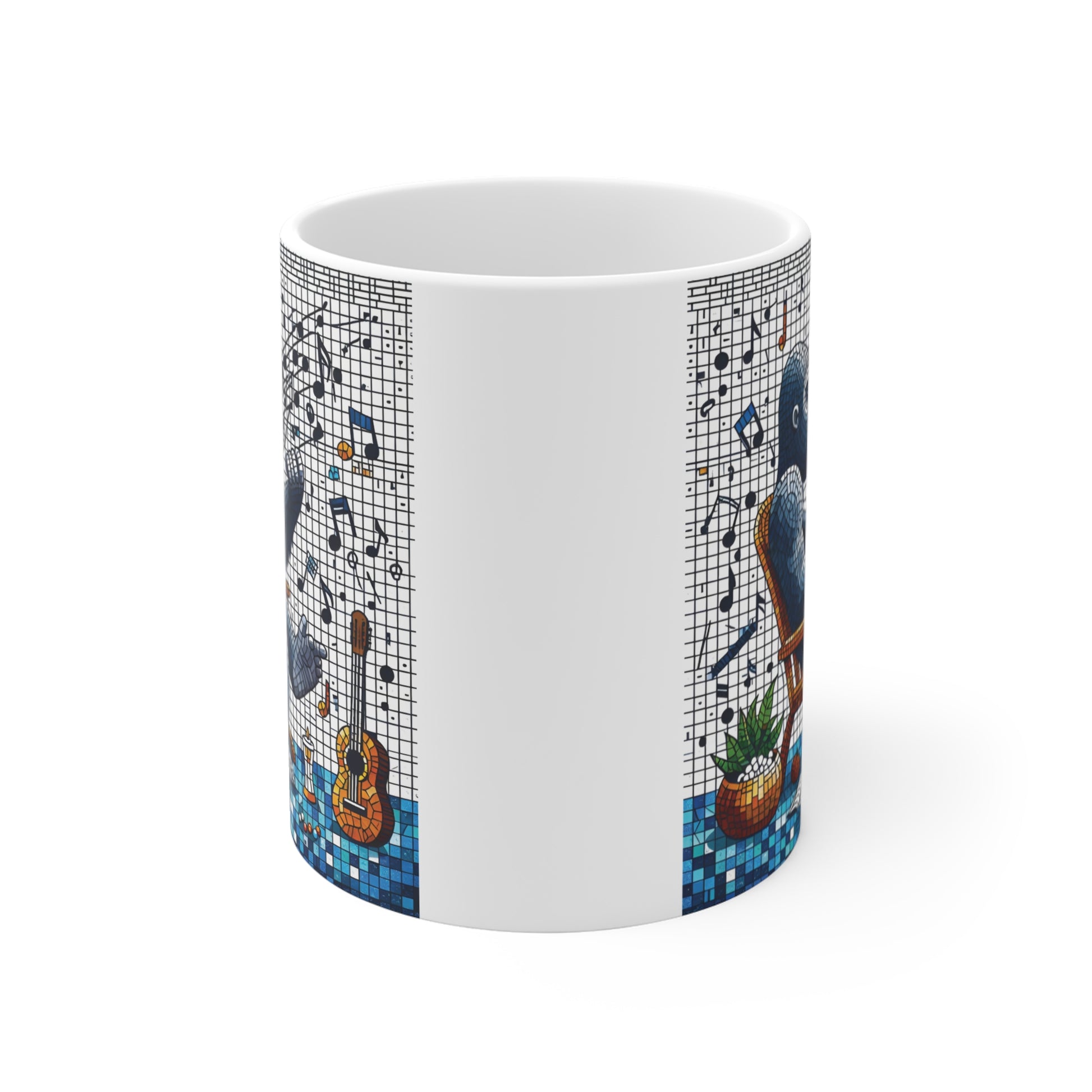 White ceramic mug with artistic gorilla mosaic illustration, showcasing a seated gorilla and floating music notes in a unique abstract style.
