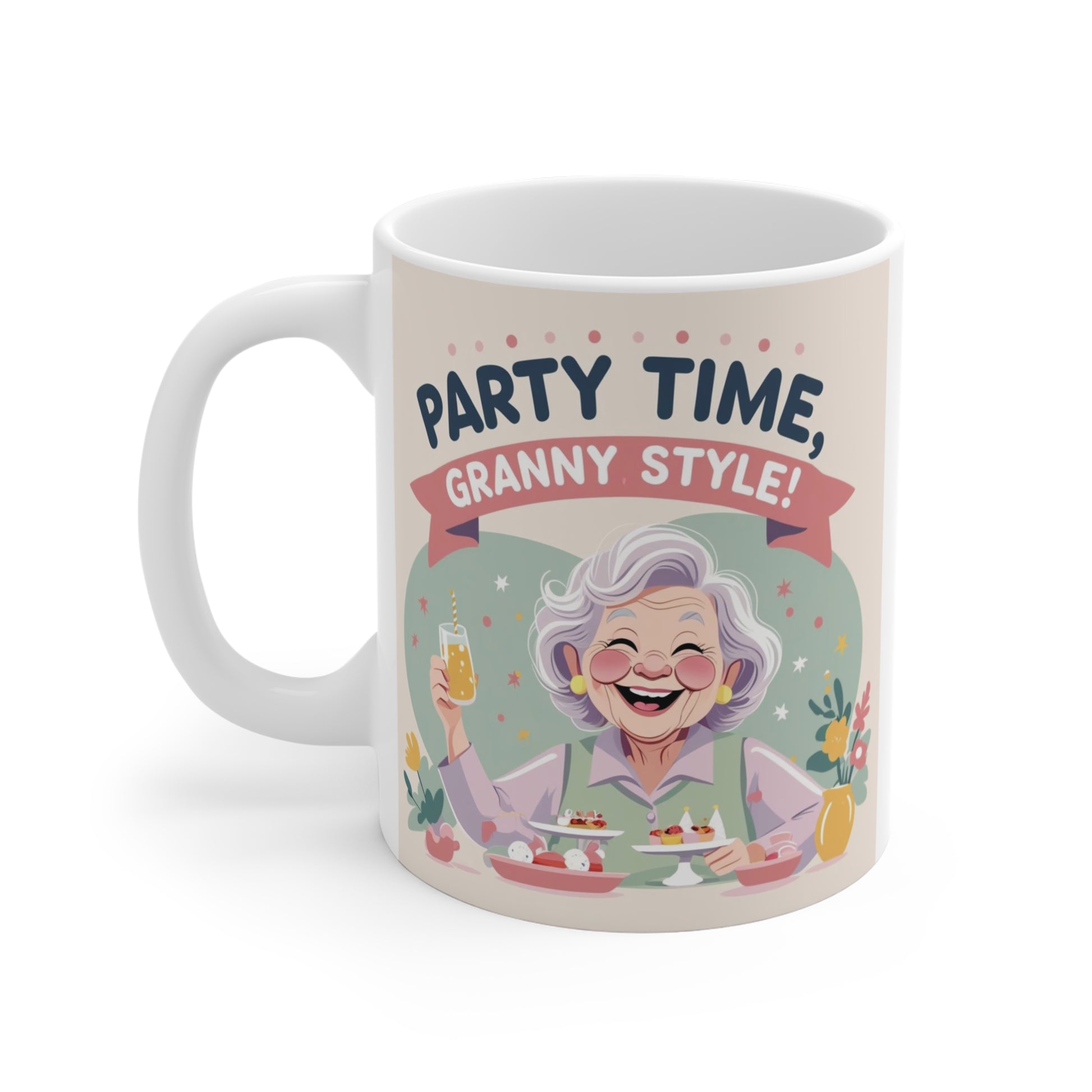 Funny grandmother coffee cup featuring happy granny artwork and Party Time Granny Style slogan on an 11oz ceramic mug.