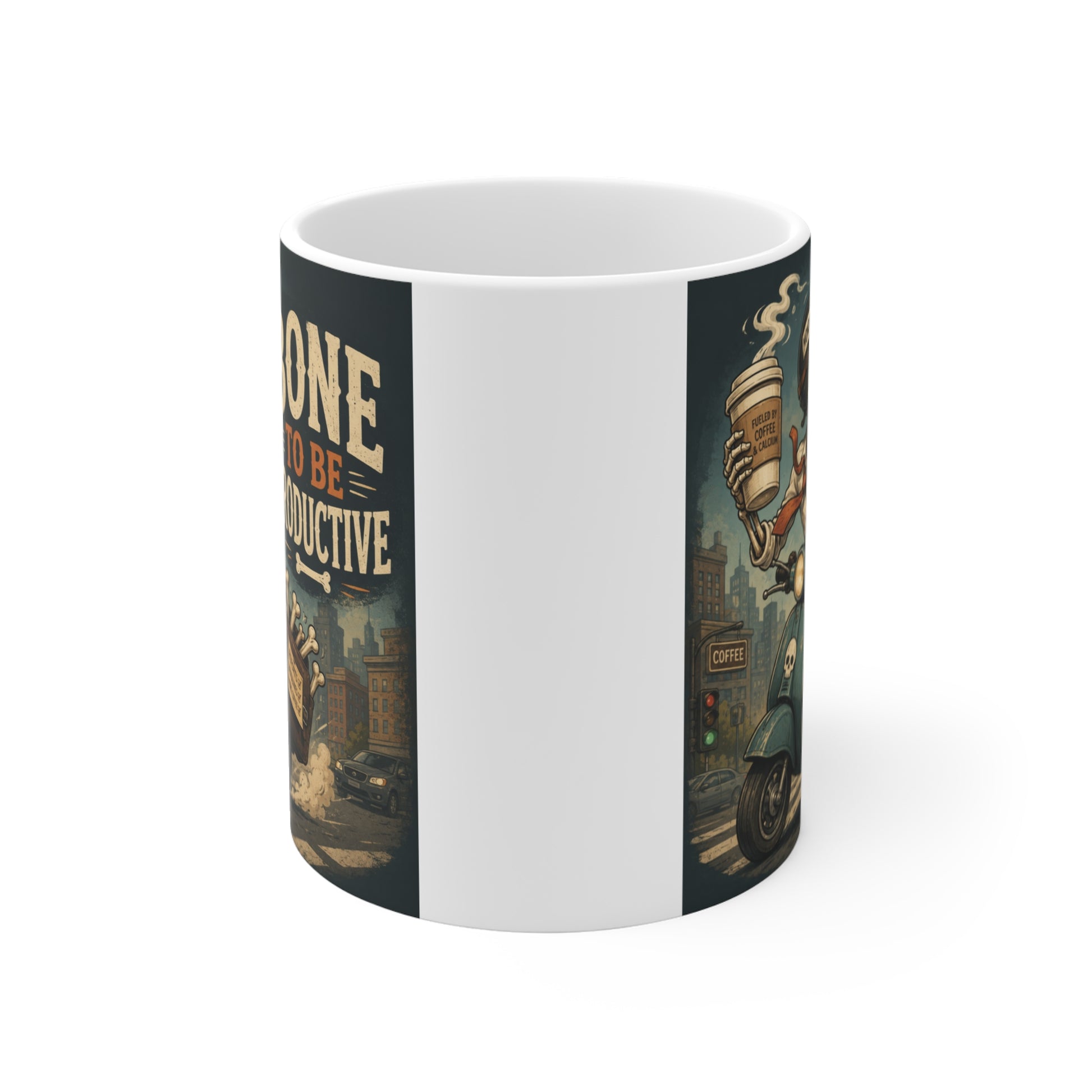 Funny skeleton coffee mug with "Bone To Be Productive" retro office humor design, 11 oz ceramic cup.