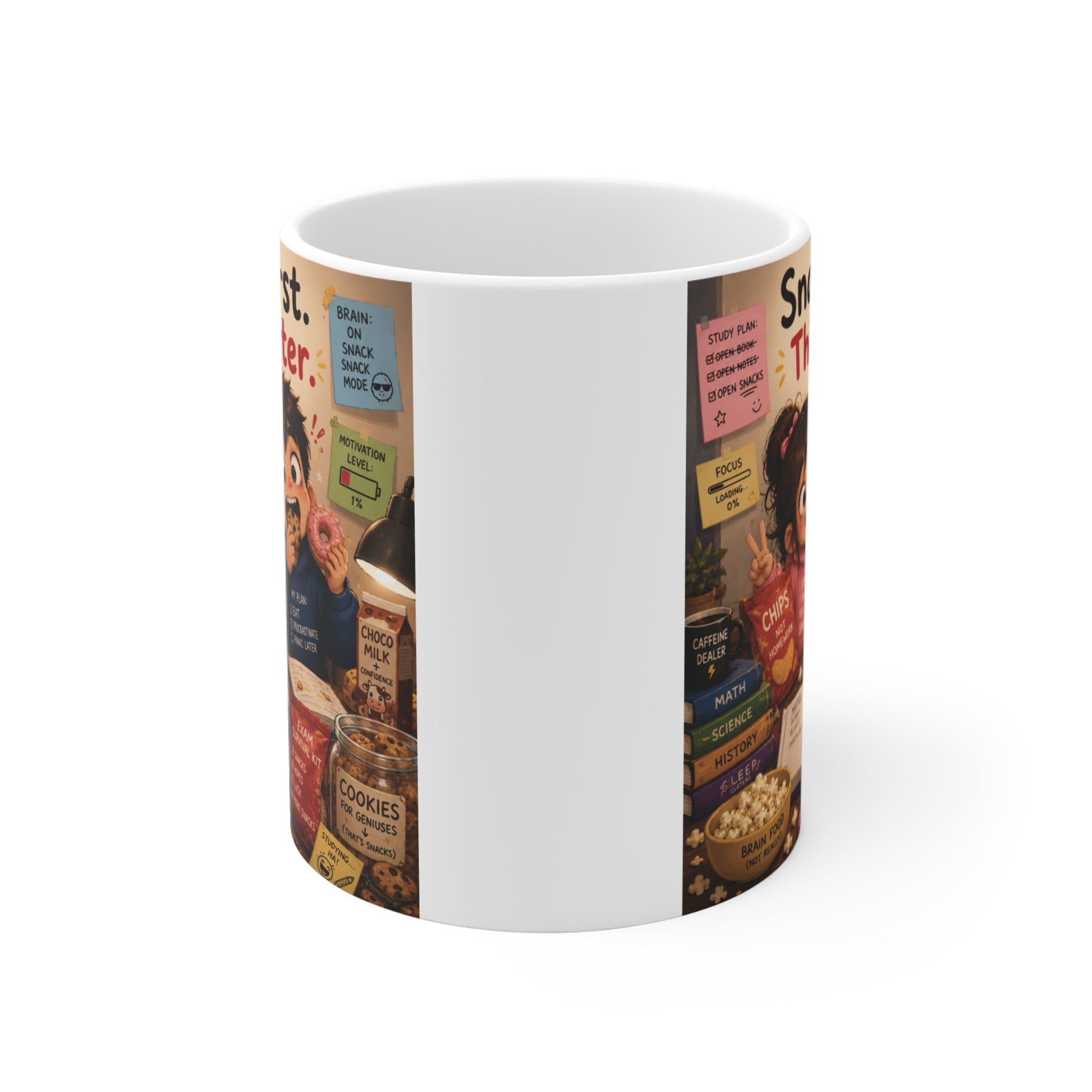 Aesthetic cartoon coffee mug with humorous snack lover quote for teens and college students