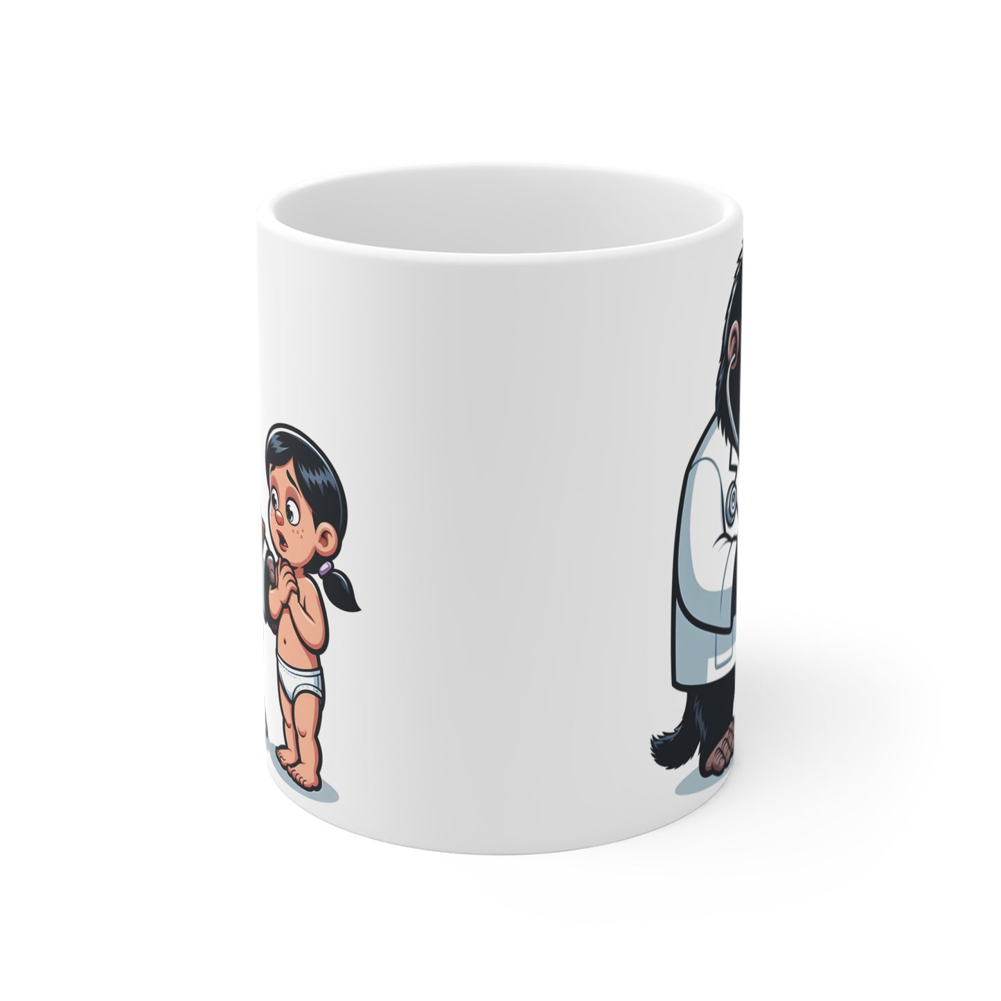 Humorous gorilla doctor mug featuring a cute cartoon ape in a lab coat with stethoscope checking a little girl patient, perfect gift for doctors and nurses.