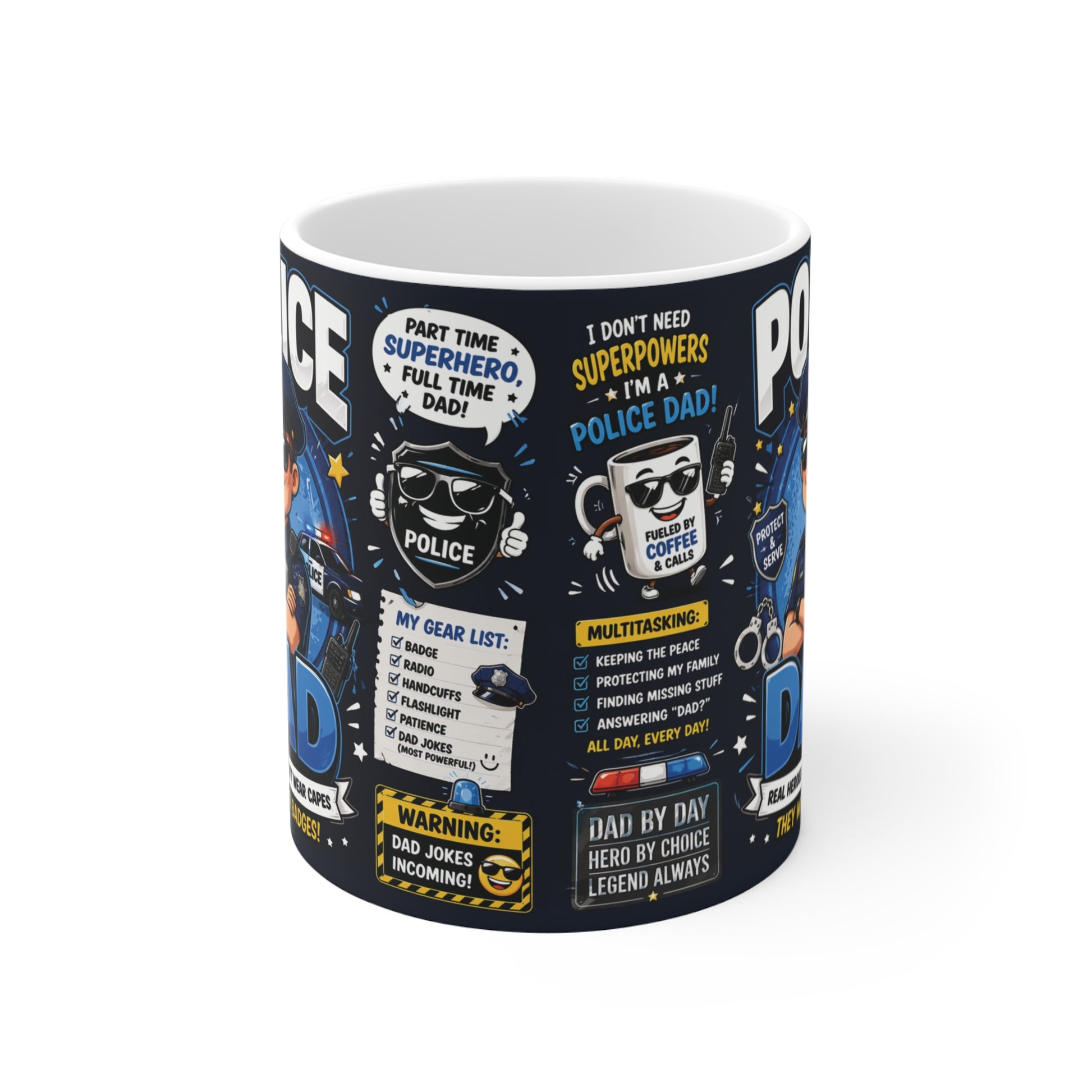 Funny cop dad coffee mug with “Police Dad” design, police officer gift for dads who serve and protect