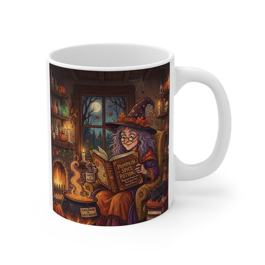 White 11oz ceramic mug featuring an illustration of a cozy witch reading a Pumpkin Spice Potions spellbook by a warm fireplace.