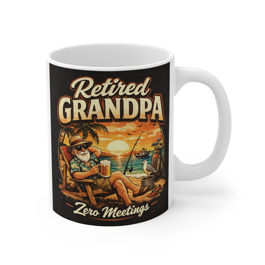 White ceramic mug featuring Retired Grandpa Zero Meetings text with fishing grandpa illustration at sunset.