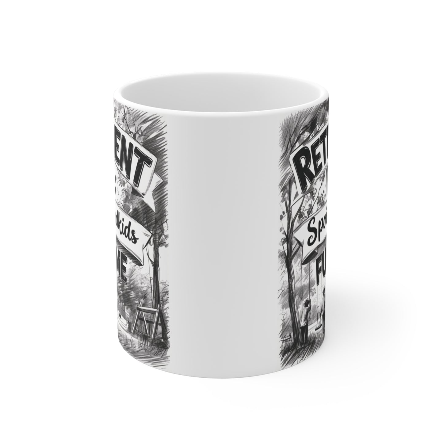 Colorful retirement coffee mug featuring "Retirement Plan: Spoil Grandkids Full-Time" with a family park illustration.