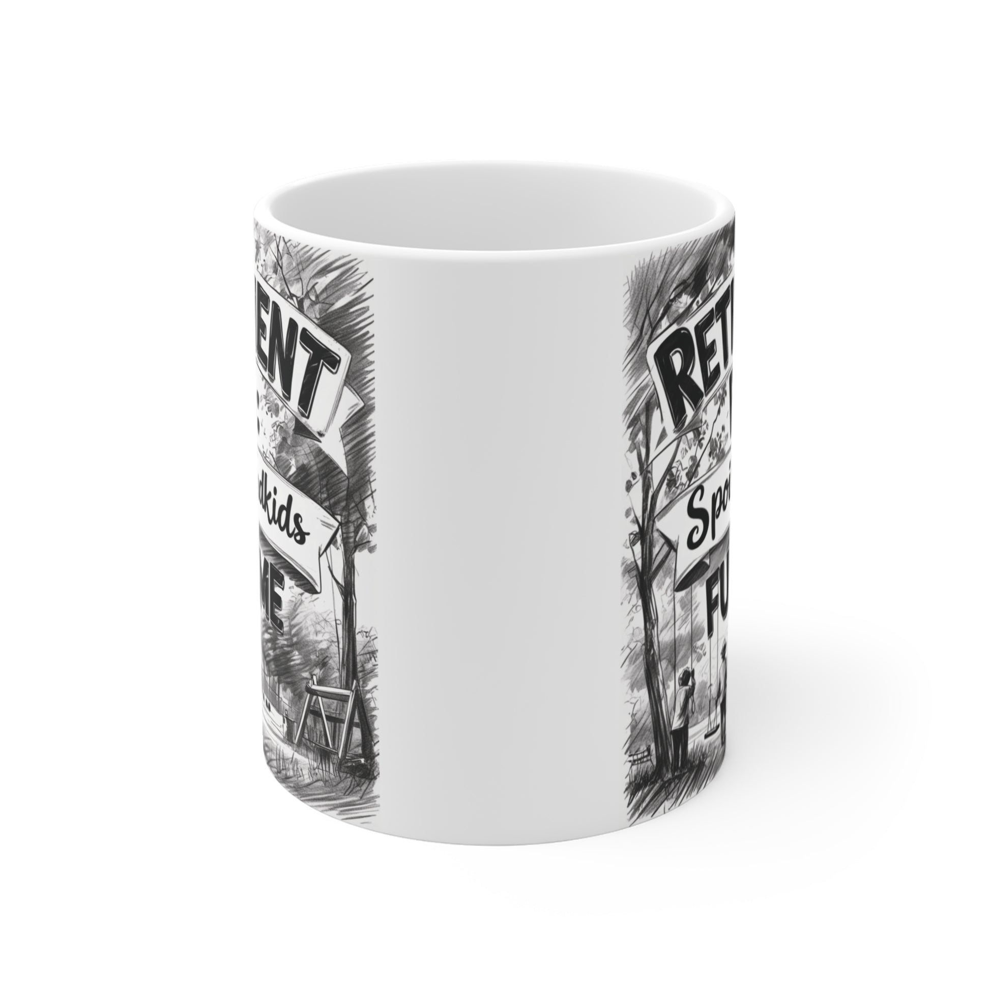 Colorful retirement coffee mug featuring "Retirement Plan: Spoil Grandkids Full-Time" with a family park illustration.