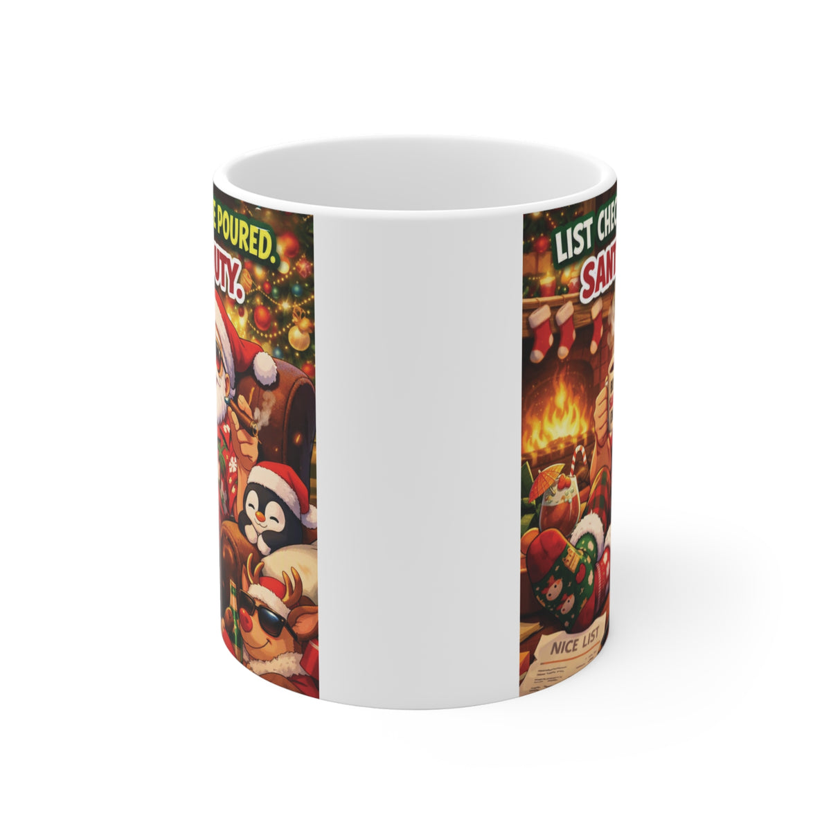 Funny Santa Christmas mug with List Checked Coffee Poured Santa Off Duty design, perfect for holiday coffee lovers.