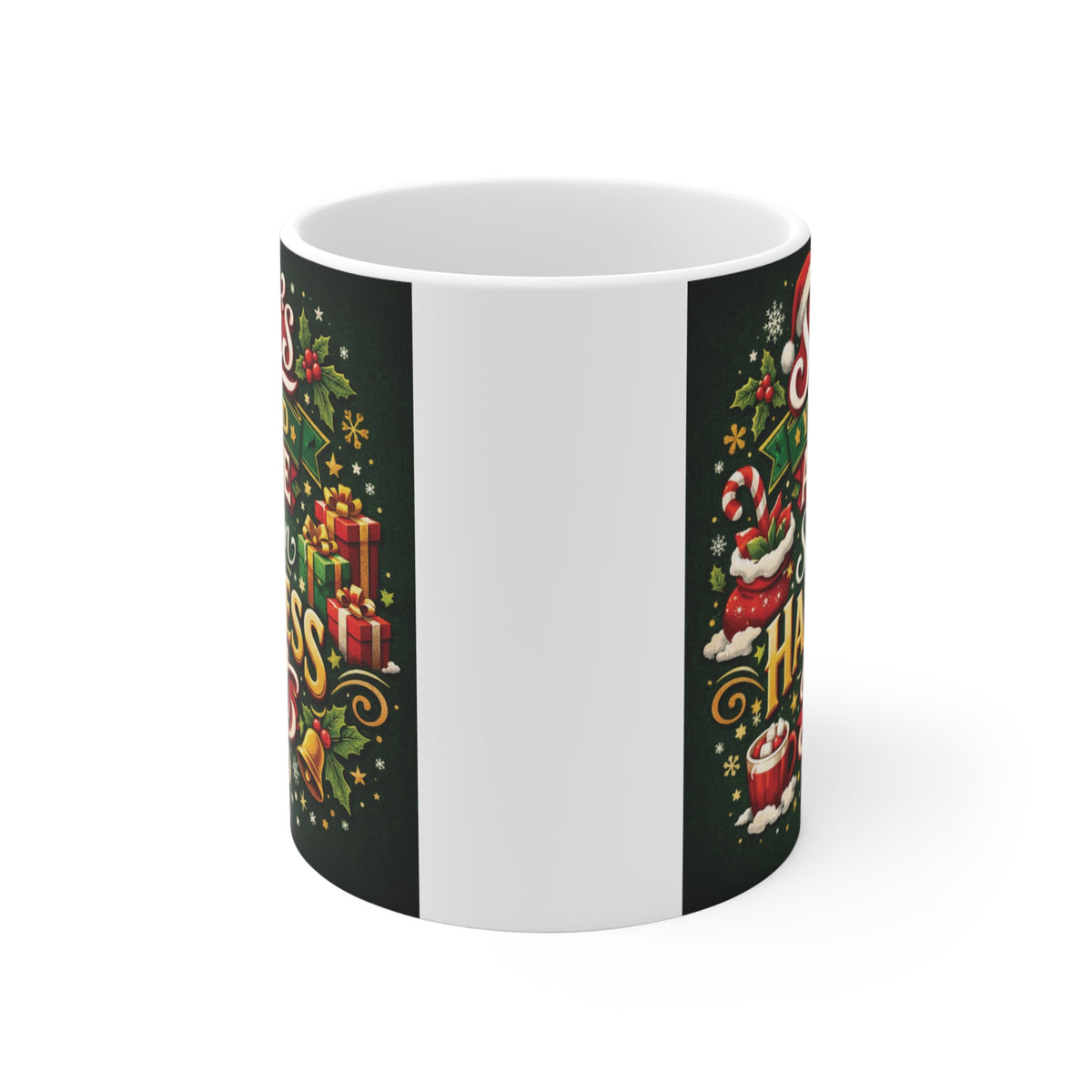 Spend on Happiness First Christmas coffee mug featuring colorful vintage Santa holiday typography