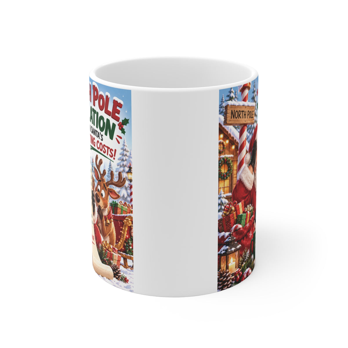 11oz Christmas coffee mug with funny Santa cutting costs artwork, North Pole expense list and festive reindeer design.