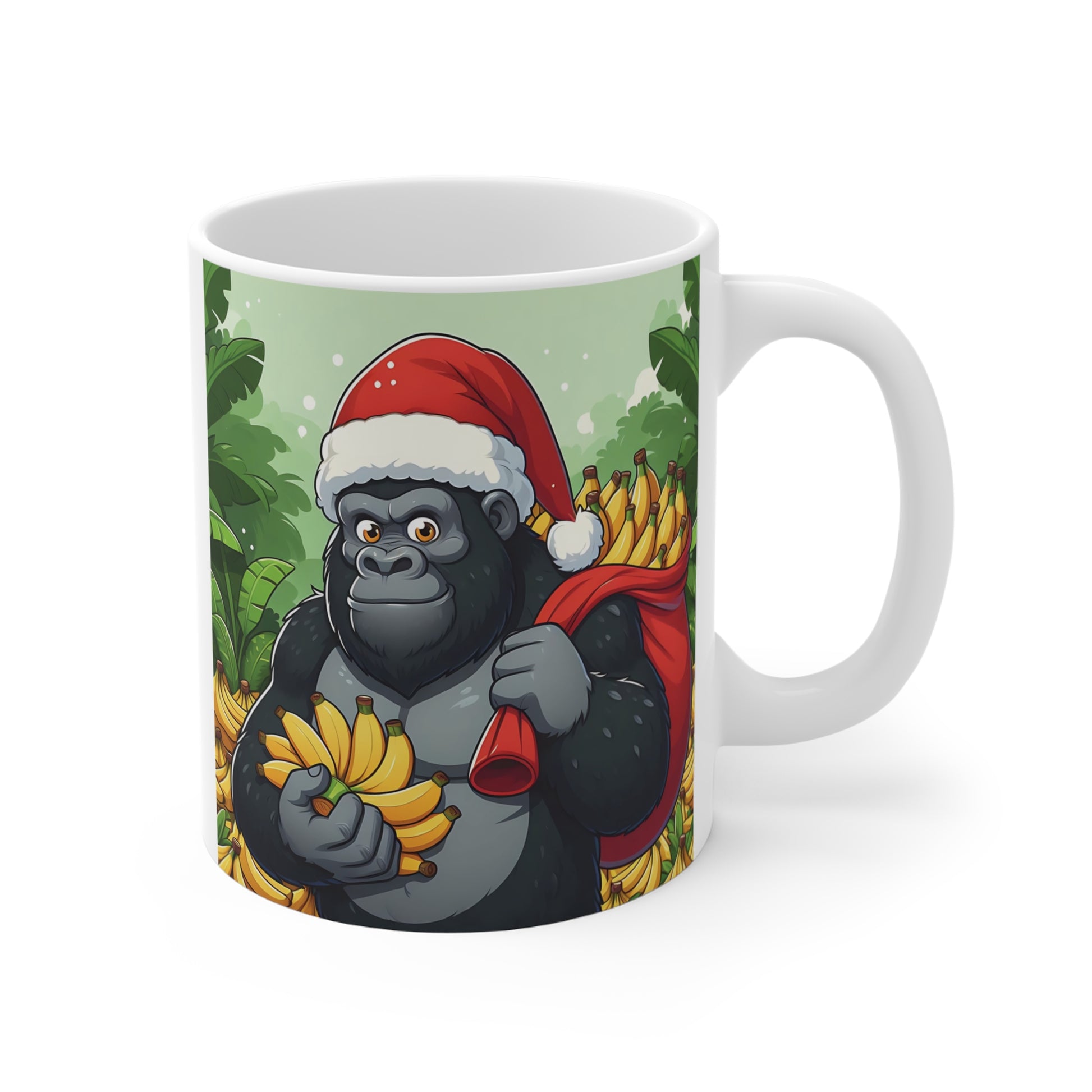 Gorilla wearing a Santa hat and carrying a sack full of bananas while holding a banana bunch in a tropical jungle, printed on a festive ceramic coffee mug.