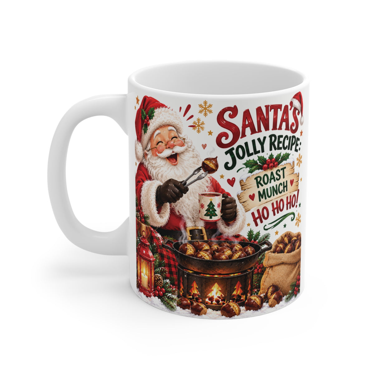 Funny Santa holiday mug featuring cheerful Santa, Christmas decorations and a warm fireside chestnut roasting scene.
