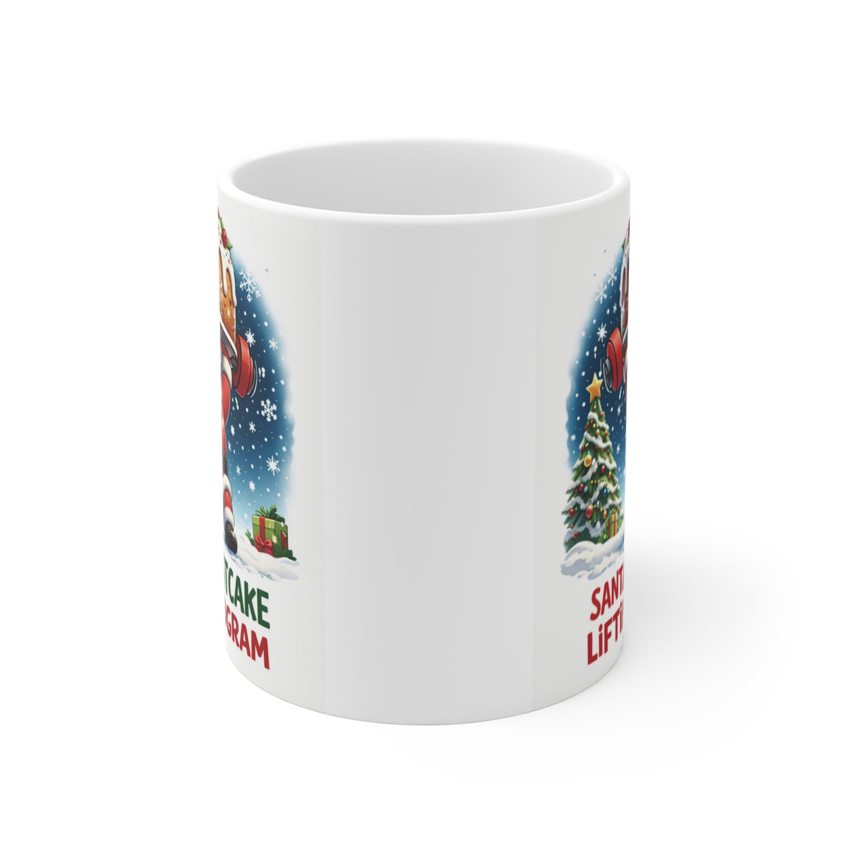 Funny Santa weightlifting Christmas coffee mug with festive fruitcake design, unique fitness gift for gym lovers, workout fans and friends.