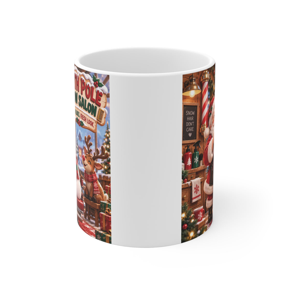 Funny Santa and snowman Christmas coffee mug with colorful North Pole Snow Salon vintage-style holiday artwork