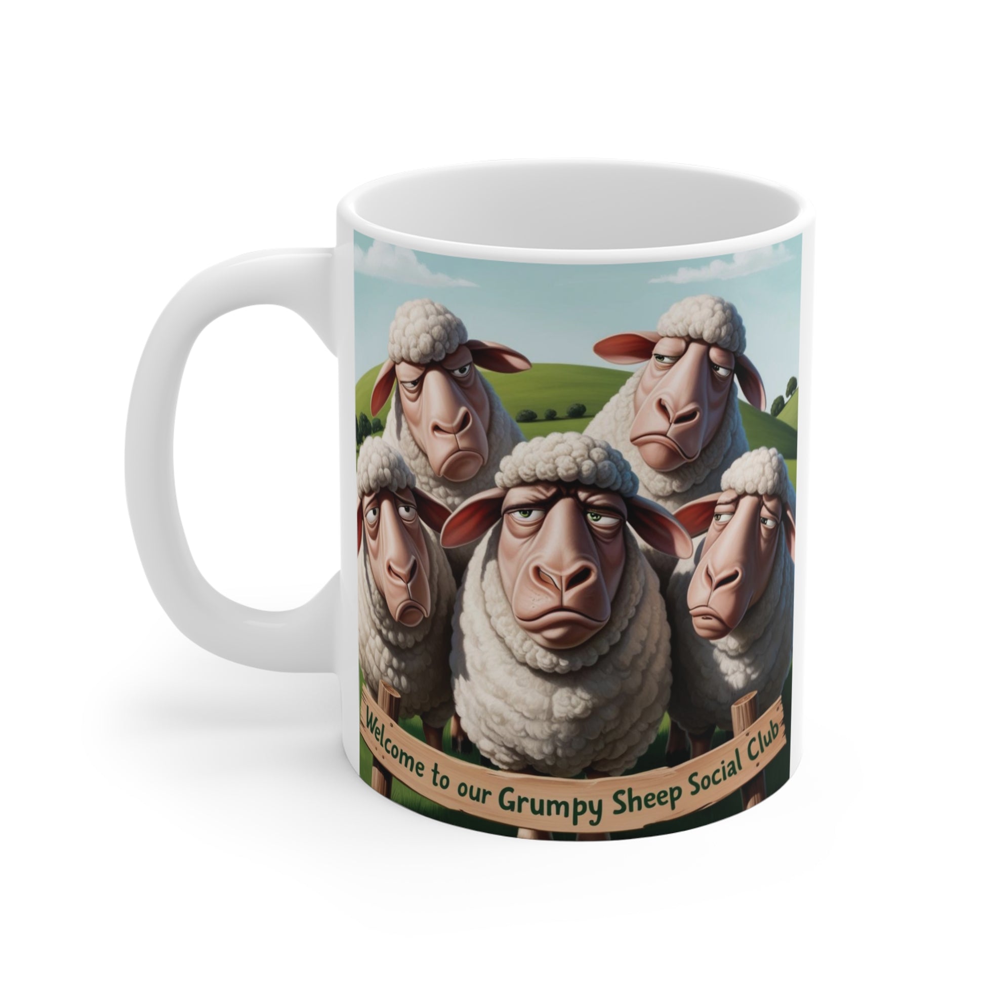 Funny grumpy sheep mug with realistic cartoon sheep faces and ‘Grumpy Sheep Social Club’ text design