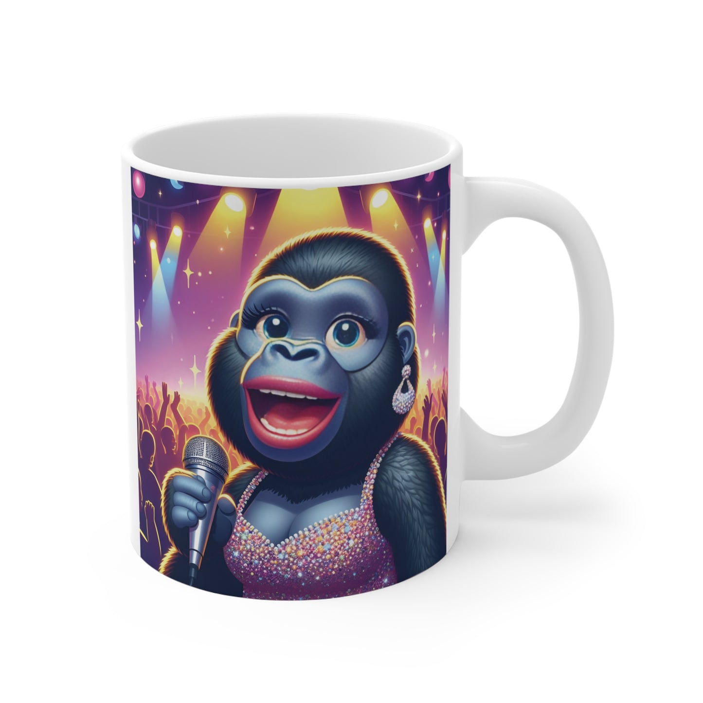 Funny singing gorilla mug with microphone and stage lights, cute cartoon animal coffee cup for music lovers