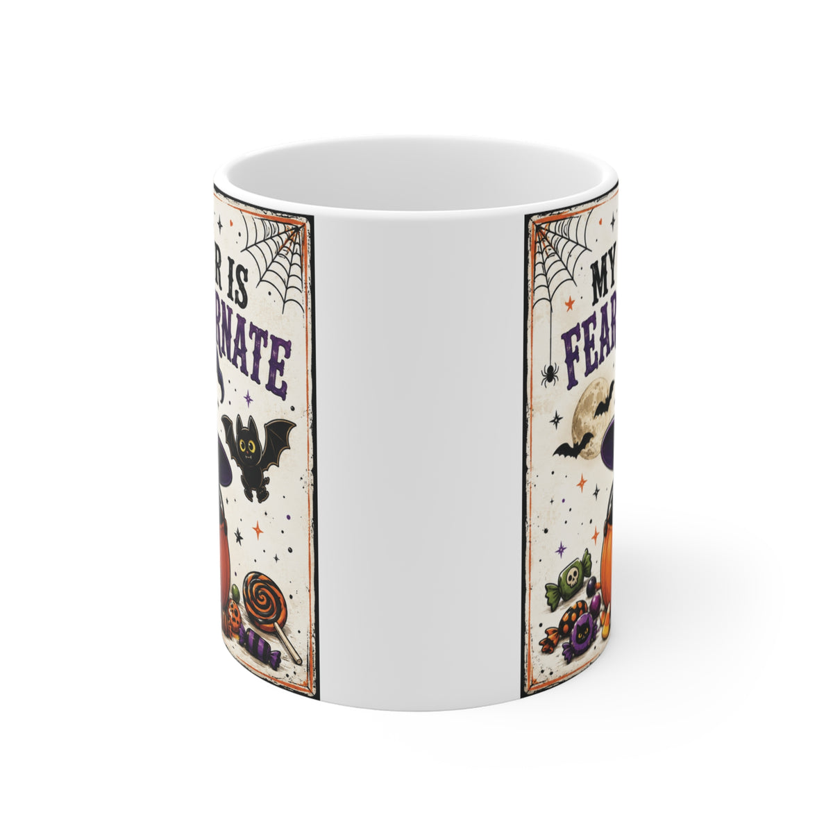 Funny sister Halloween coffee mug featuring a spooky black crow wearing a witch hat, jack-o’-lantern, candy, bats and Halloween artwork.