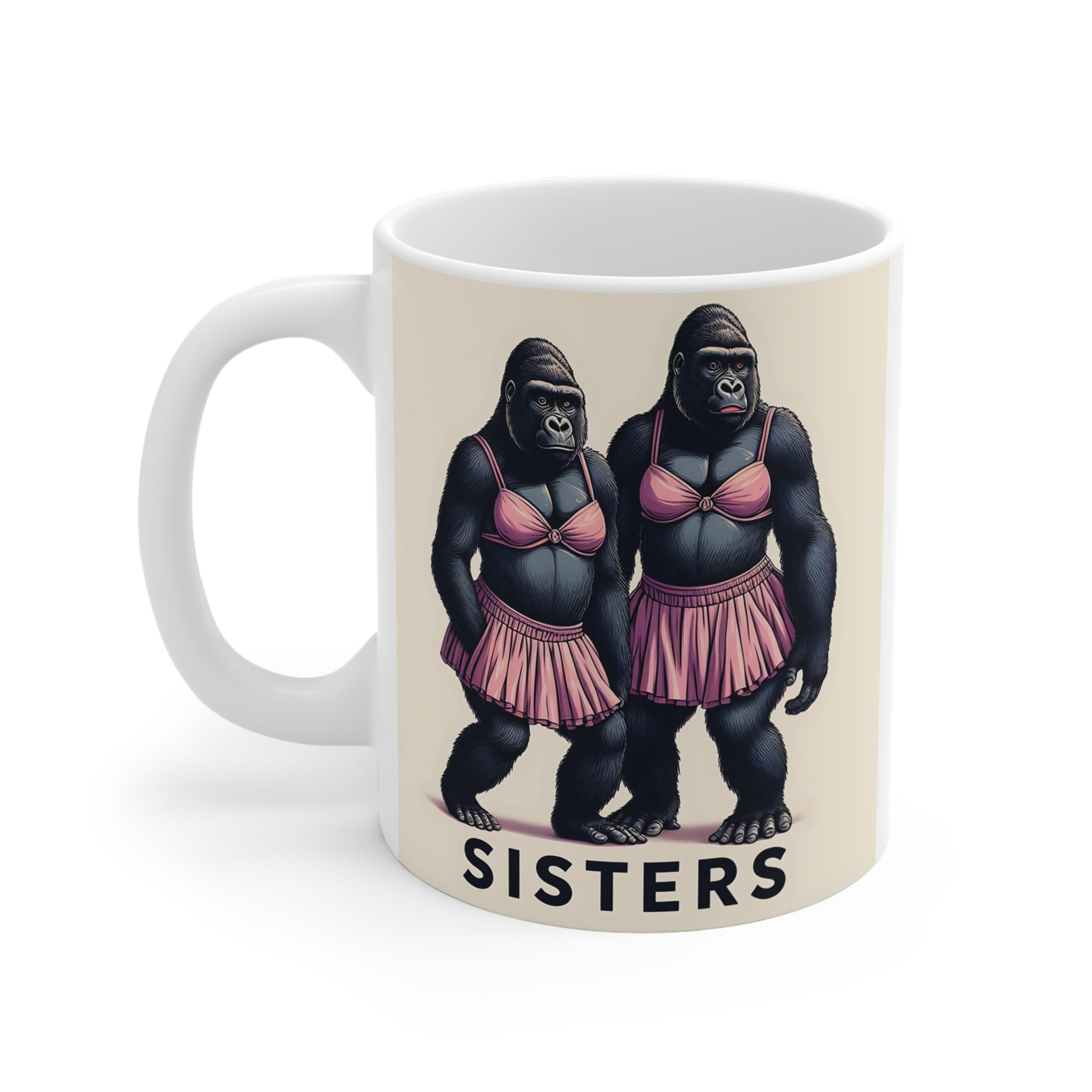 Cute gorilla sisters coffee mug with matching pink clothing design, novelty sister birthday gift and funny animal themed cup.