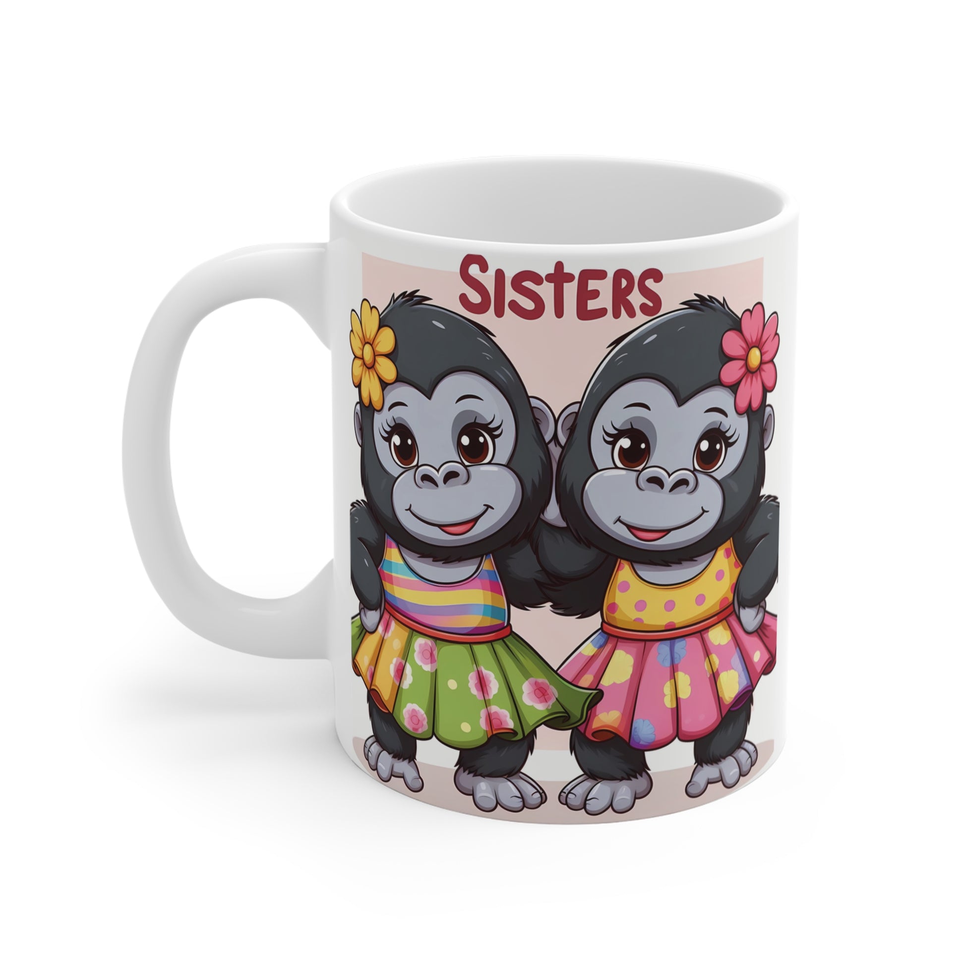 Funny sisters coffee mug with kawaii gorilla characters wearing floral dresses, charming gift idea for sisters, best friends, and family lovers