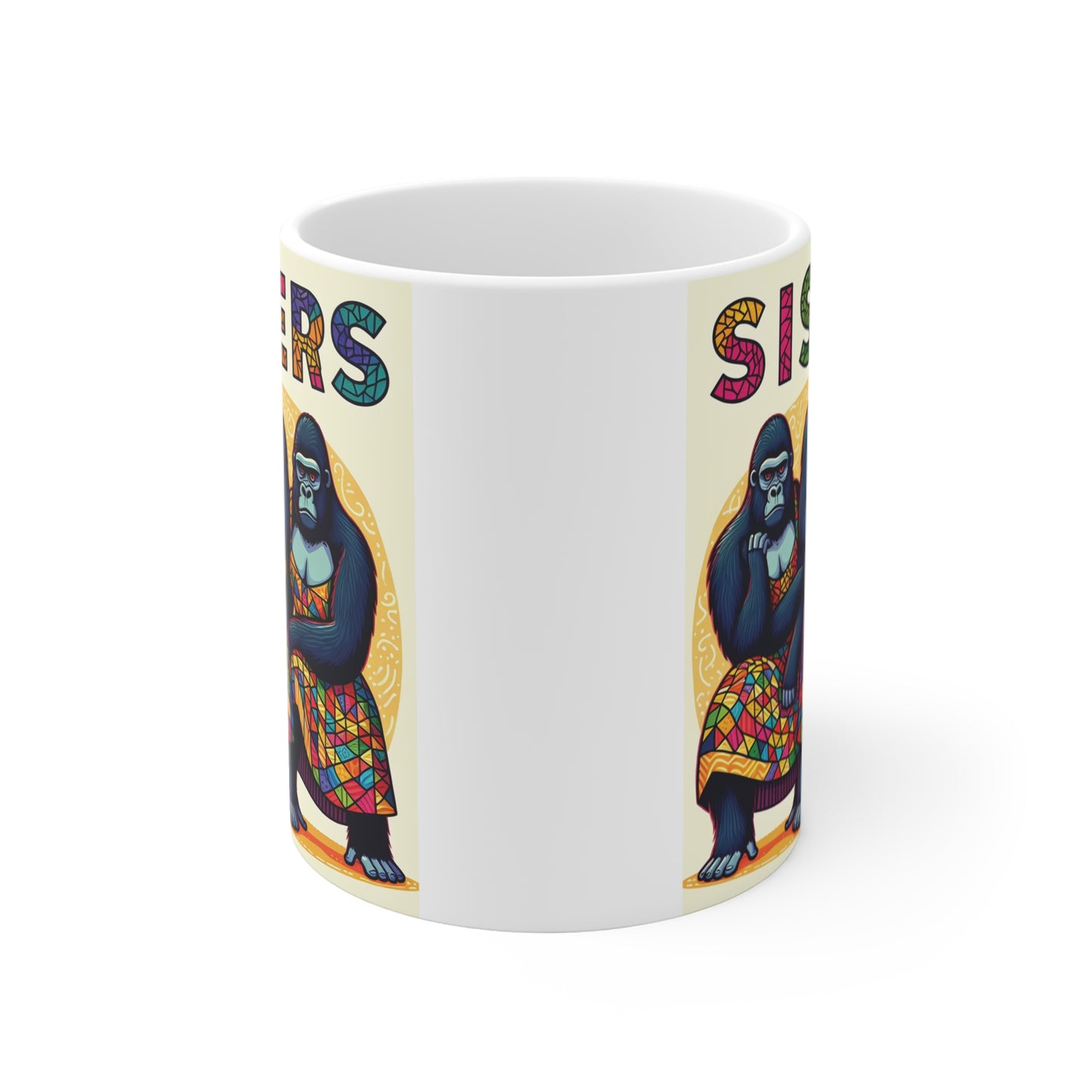 Colorful mosaic-style gorilla sisters illustration on an 11oz coffee mug with bold Sisters typography, unique gift for sisters and best friends.