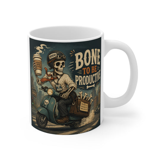 "Bone To Be Productive" 11oz white ceramic coffee mug featuring a vintage illustration of a skeleton in a suit riding a blue scooter while holding coffee.