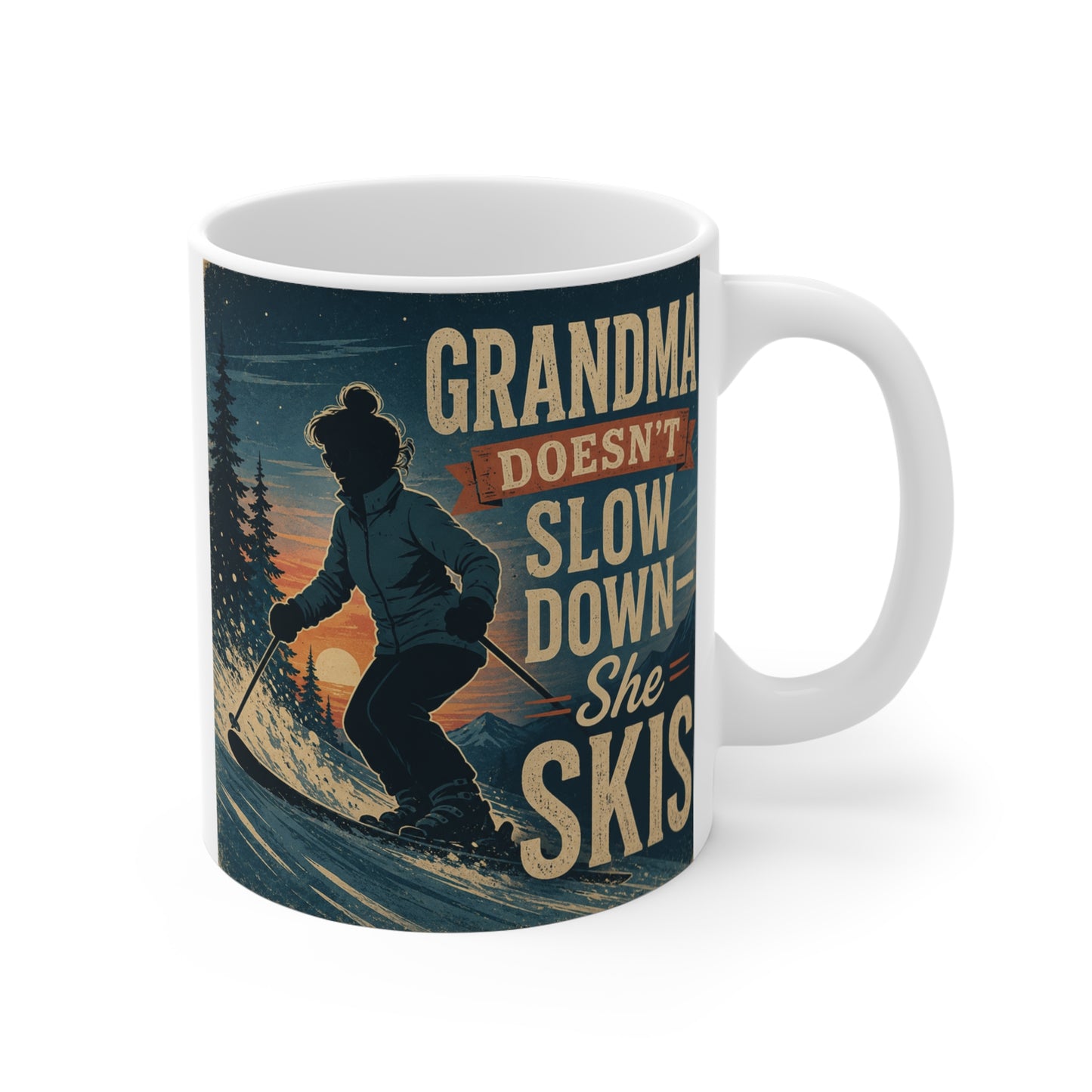 Vintage ski grandma coffee mug with the quote "Grandma Doesn't Slow Down She Skis" featuring a skier in a mountain landscape.
