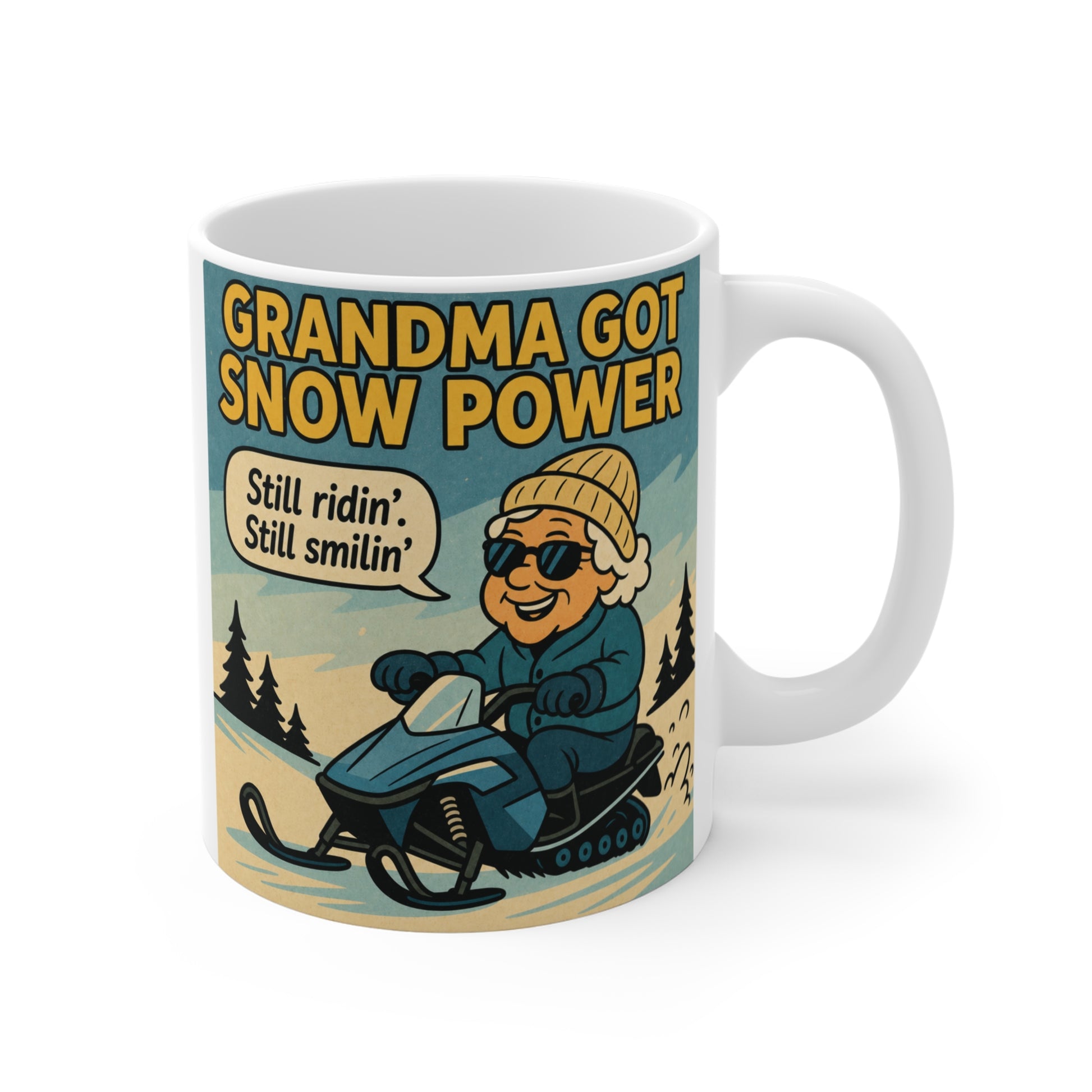 11oz white ceramic mug with retro snowmobiling grandma design and text Grandma Got Snow Power