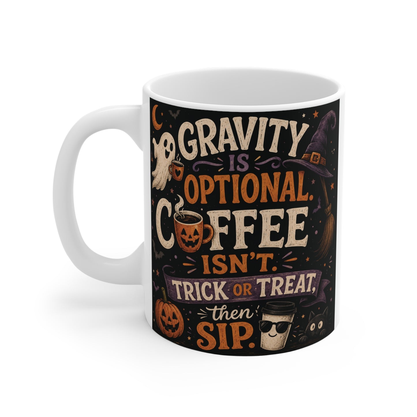 White 11oz ceramic Halloween coffee mug with funny Gravity Is Optional quote and ghost illustrations.