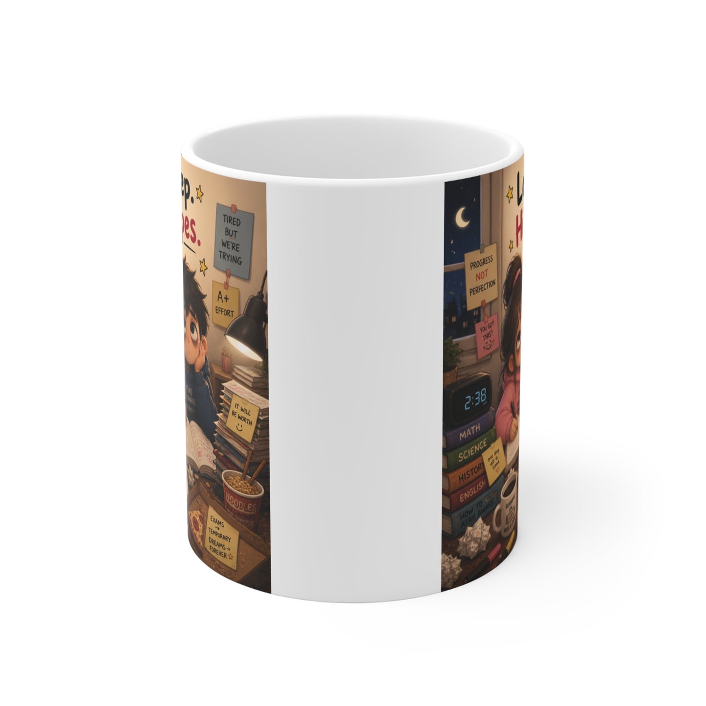 Funny study motivation mug featuring sleepy cartoon students surrounded by books and notes
