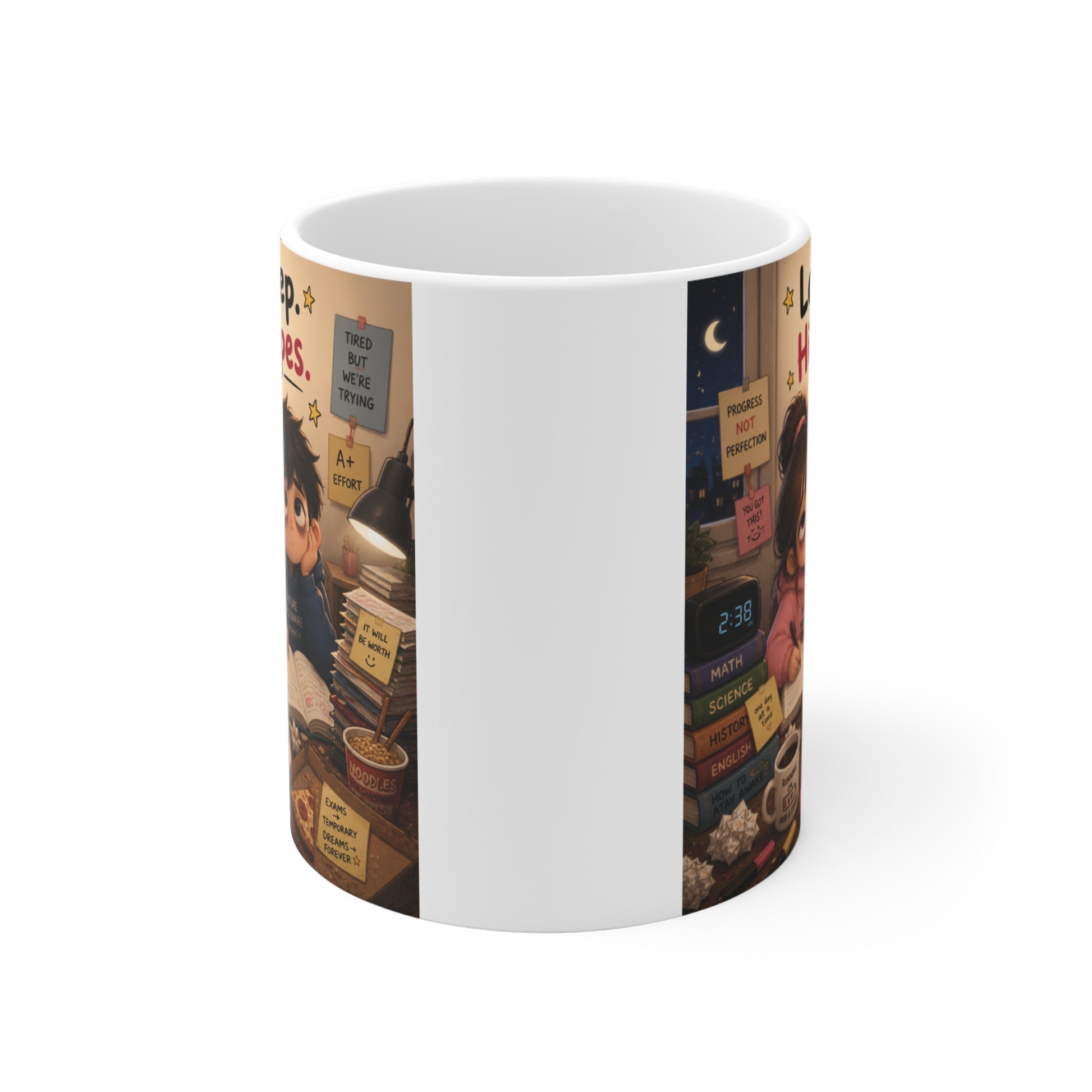 Funny study motivation mug featuring sleepy cartoon students surrounded by books and notes