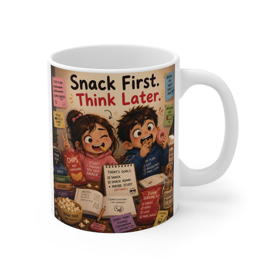 Cute funny student mug with “Snack First. Think Later.” quote and colorful cartoon snack design