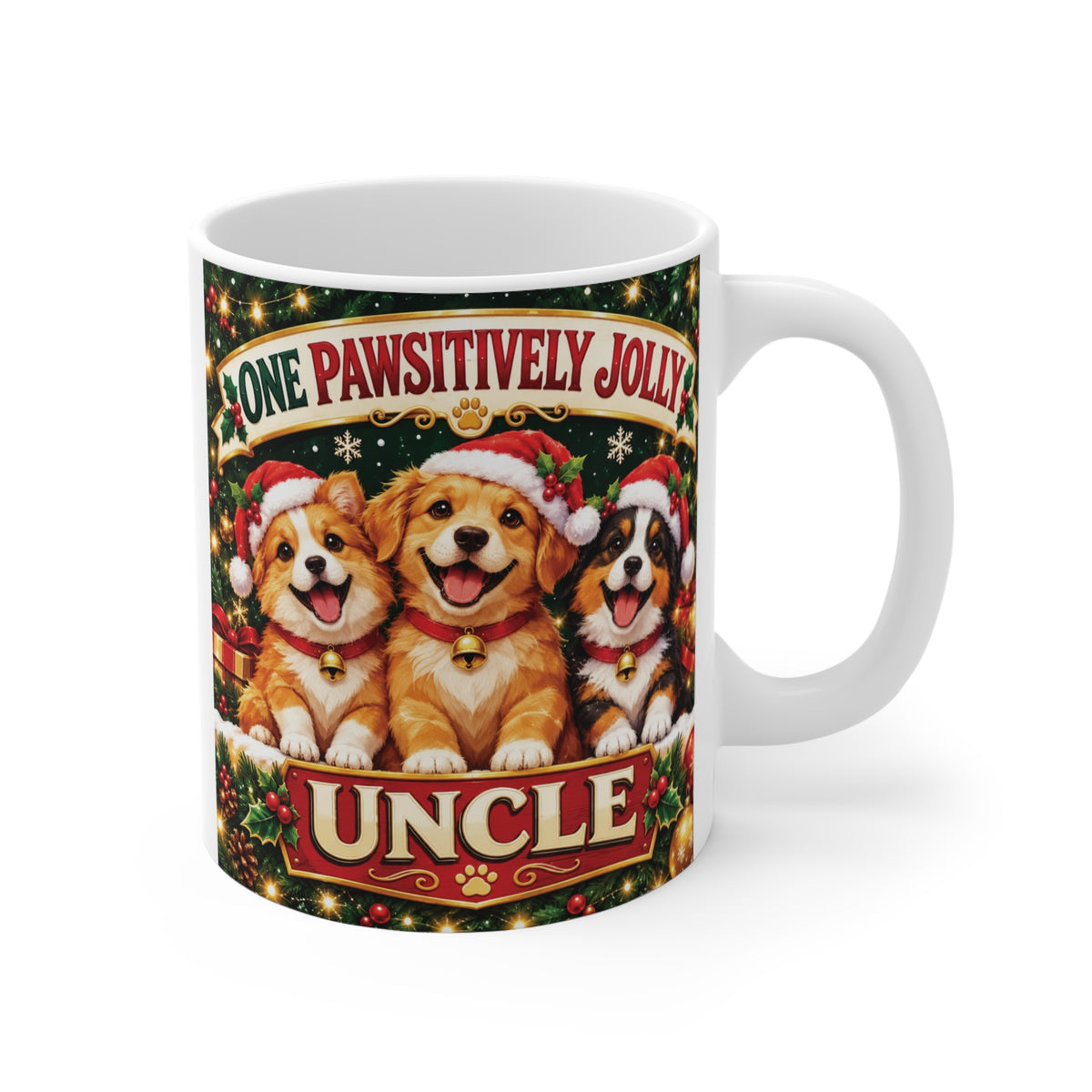 Funny Christmas coffee mug for uncle featuring three cheerful puppies wearing Santa hats, colorful holiday decorations, and a playful One Pawsitively Jolly Uncle message.