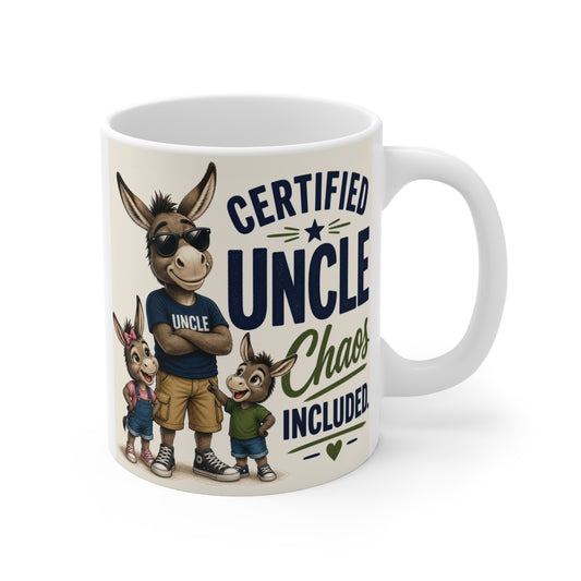 Funny uncle mug with “Certified Uncle Chaos Included” quote and cute animal family illustration, 11oz ceramic gift for uncle
