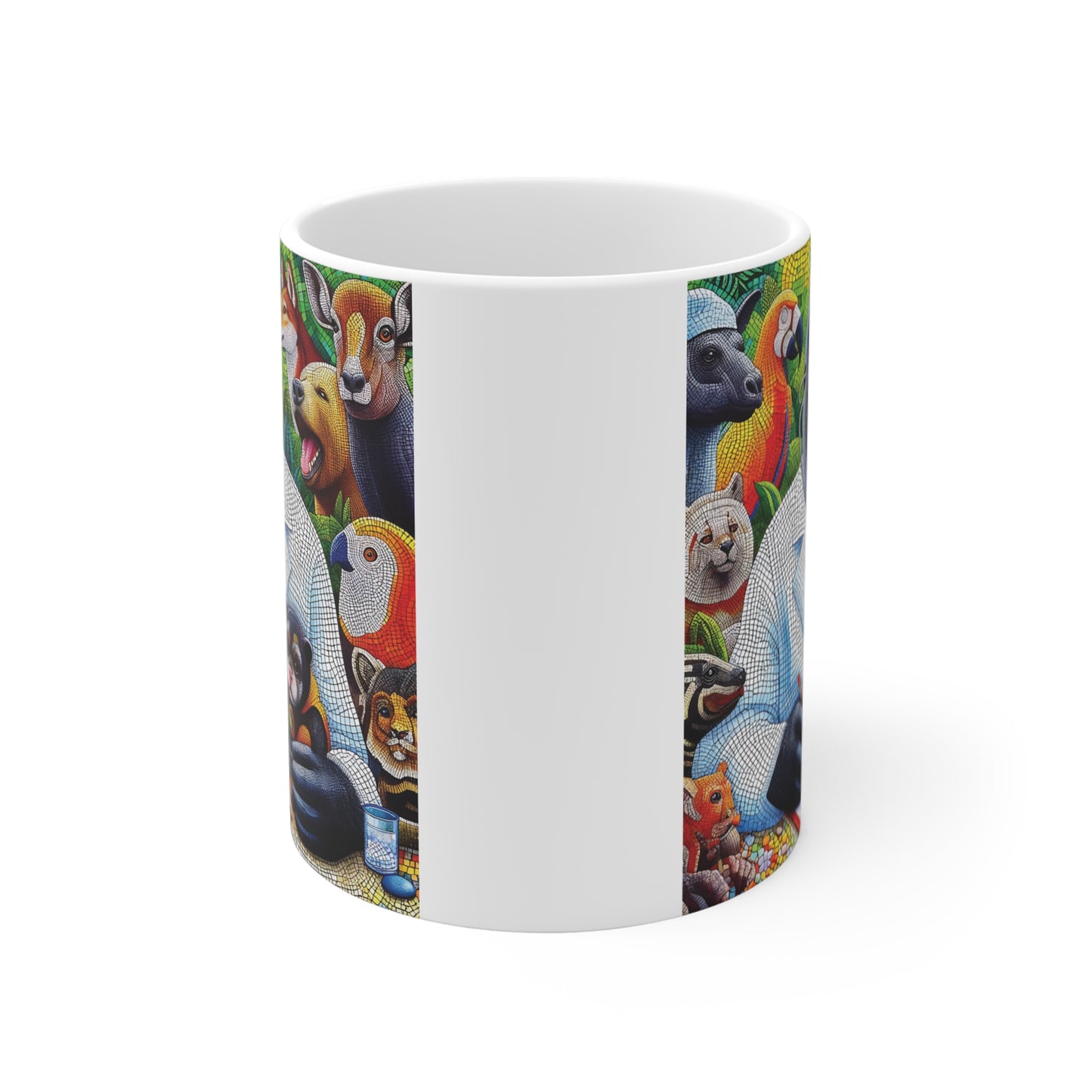 A white coffee mug with a colorful mosaic illustration of a gorilla veterinarian. This unique animal-themed ceramic mug depicts a jungle doctor scene with a high-detail mosaic texture, perfect for office decor or gift-giving.