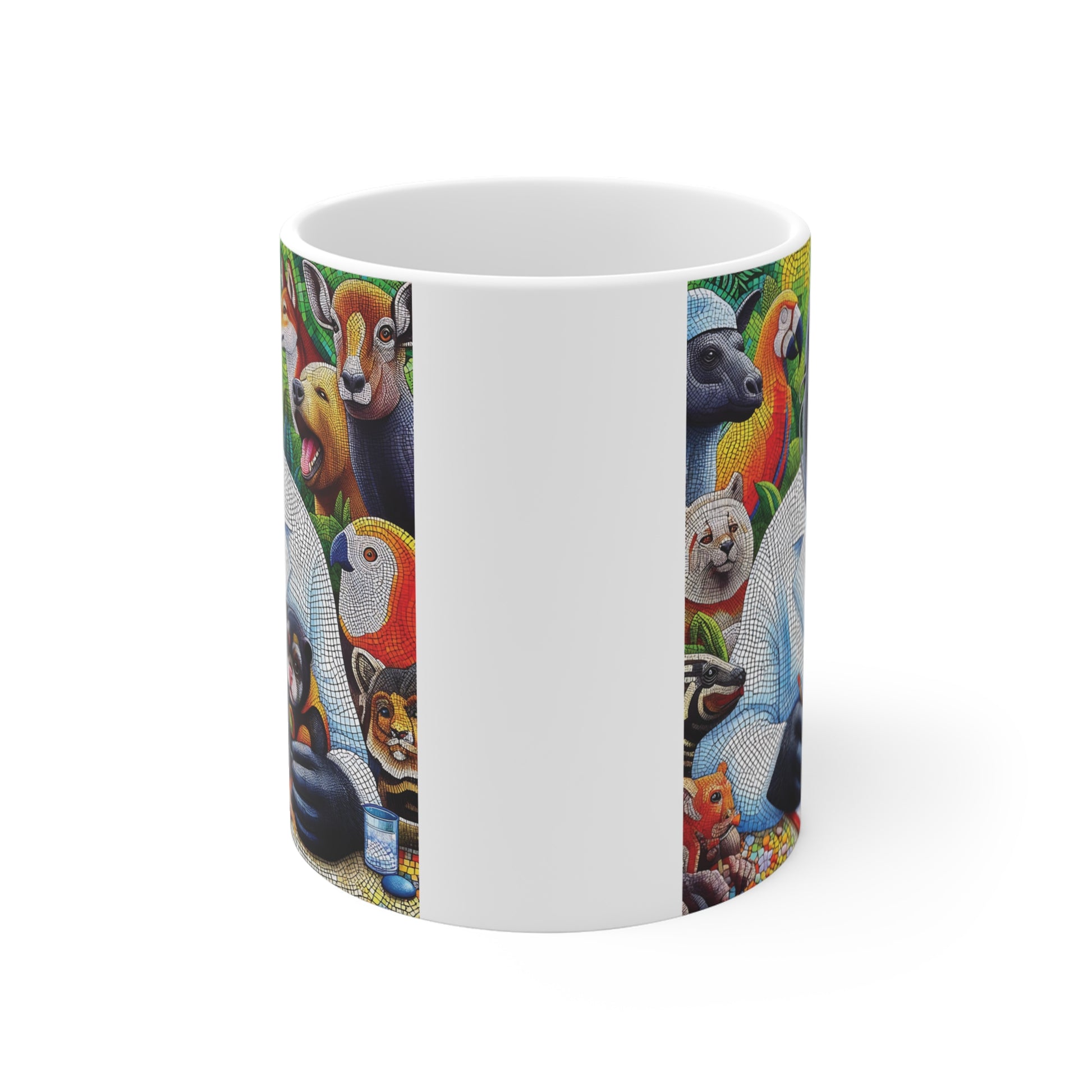 A white coffee mug with a colorful mosaic illustration of a gorilla veterinarian. This unique animal-themed ceramic mug depicts a jungle doctor scene with a high-detail mosaic texture, perfect for office decor or gift-giving.