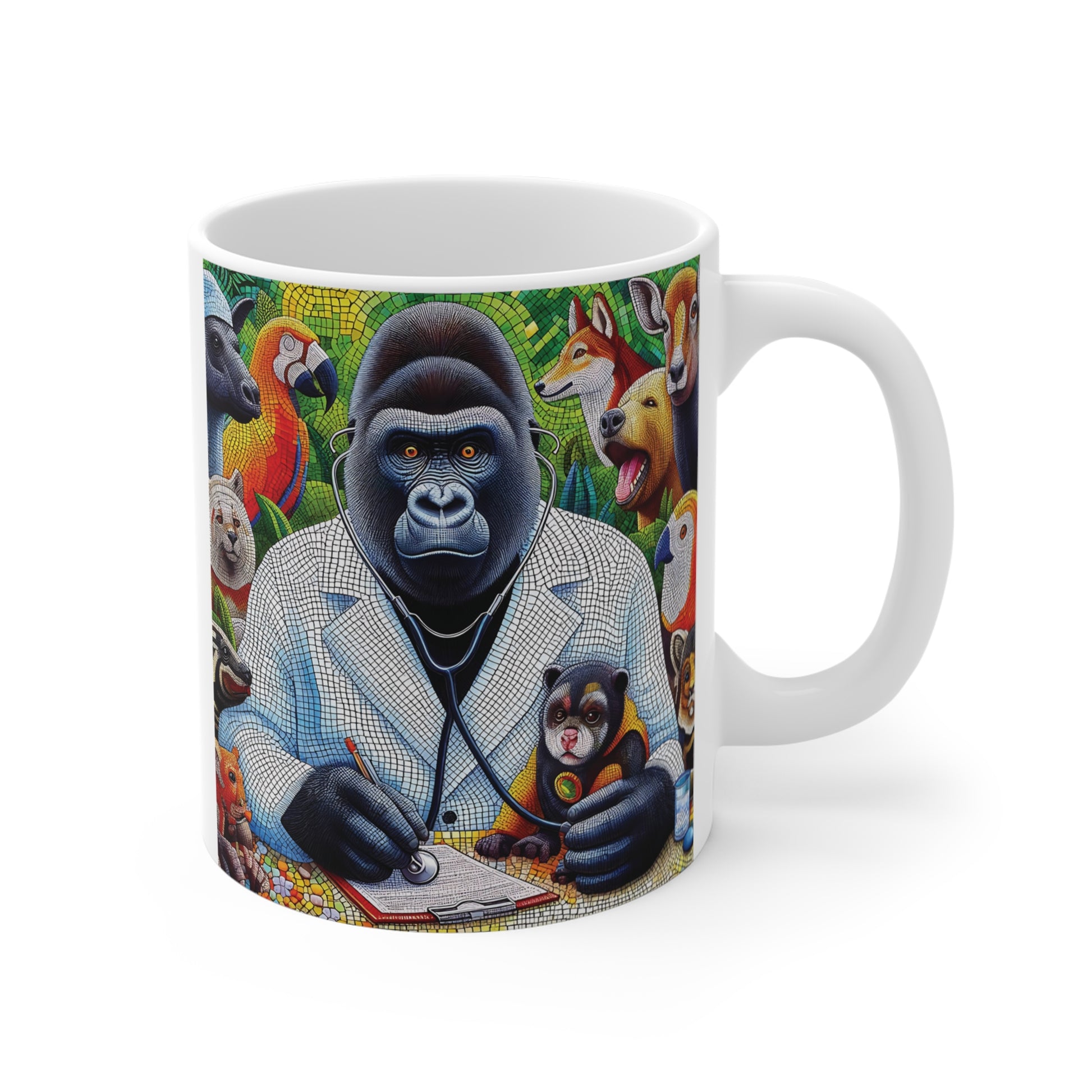 Colorful mosaic gorilla doctor with stethoscope examining small animal, surrounded by wildlife on 11oz ceramic mug