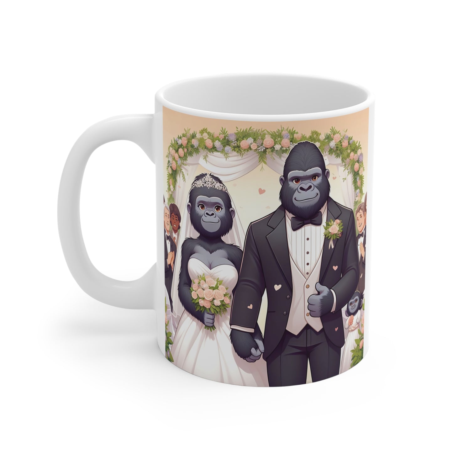 Charming cartoon gorilla wedding couple with bouquet and tuxedo standing together at a romantic ceremony on a white coffee mug.