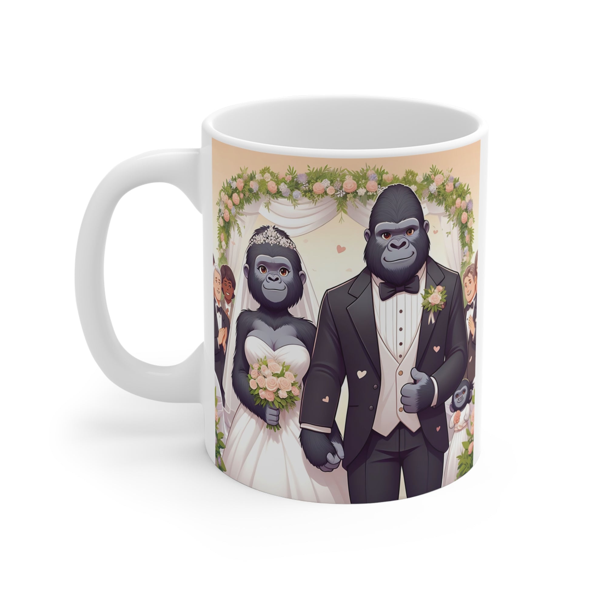 Charming cartoon gorilla wedding couple with bouquet and tuxedo standing together at a romantic ceremony on a white coffee mug.
